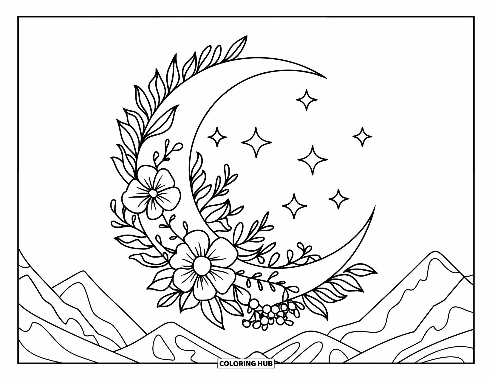 Moon Coloring Page for Kids: A delicate crescent moon is adorned with soft flowers and leafy vines, with a few twinkling stars adding a magical touch