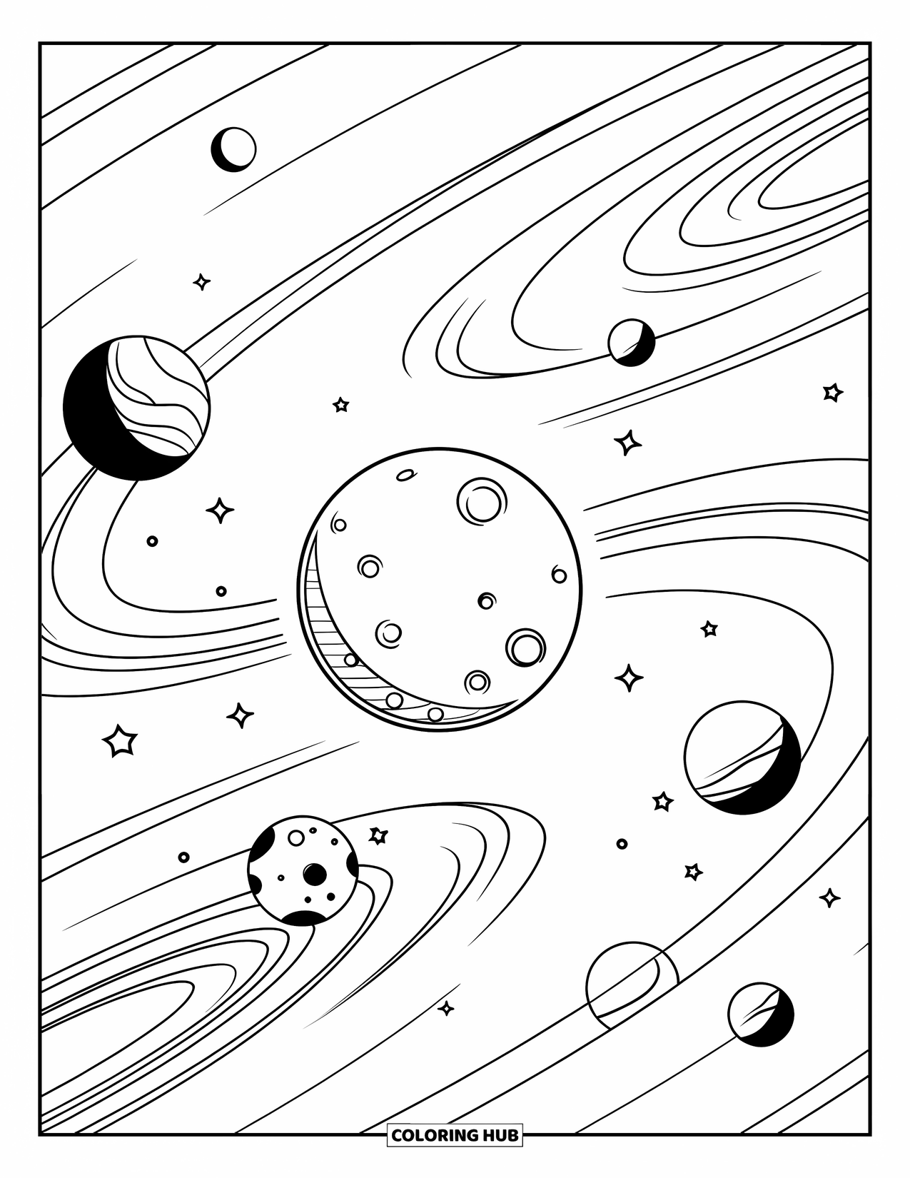 Moon Coloring Page for Kids: A detailed moon with soft craters glows at the center of a starry sky, encircled by spiral galaxies and planets