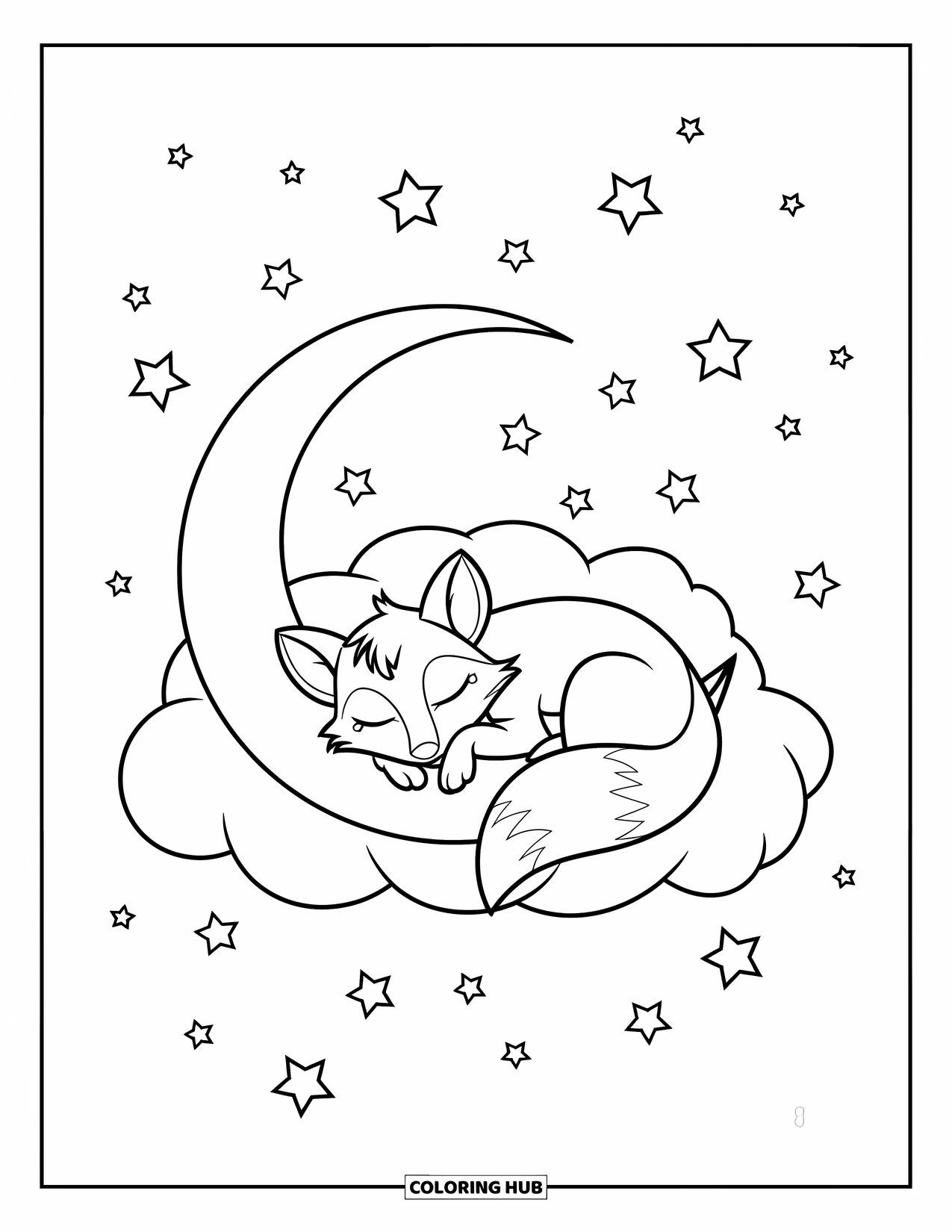 Moon Coloring Page for Kids: A dreamcatcher-style moon cradled by delicate feathers and sprinkled with tiny stars glows in a serene sky