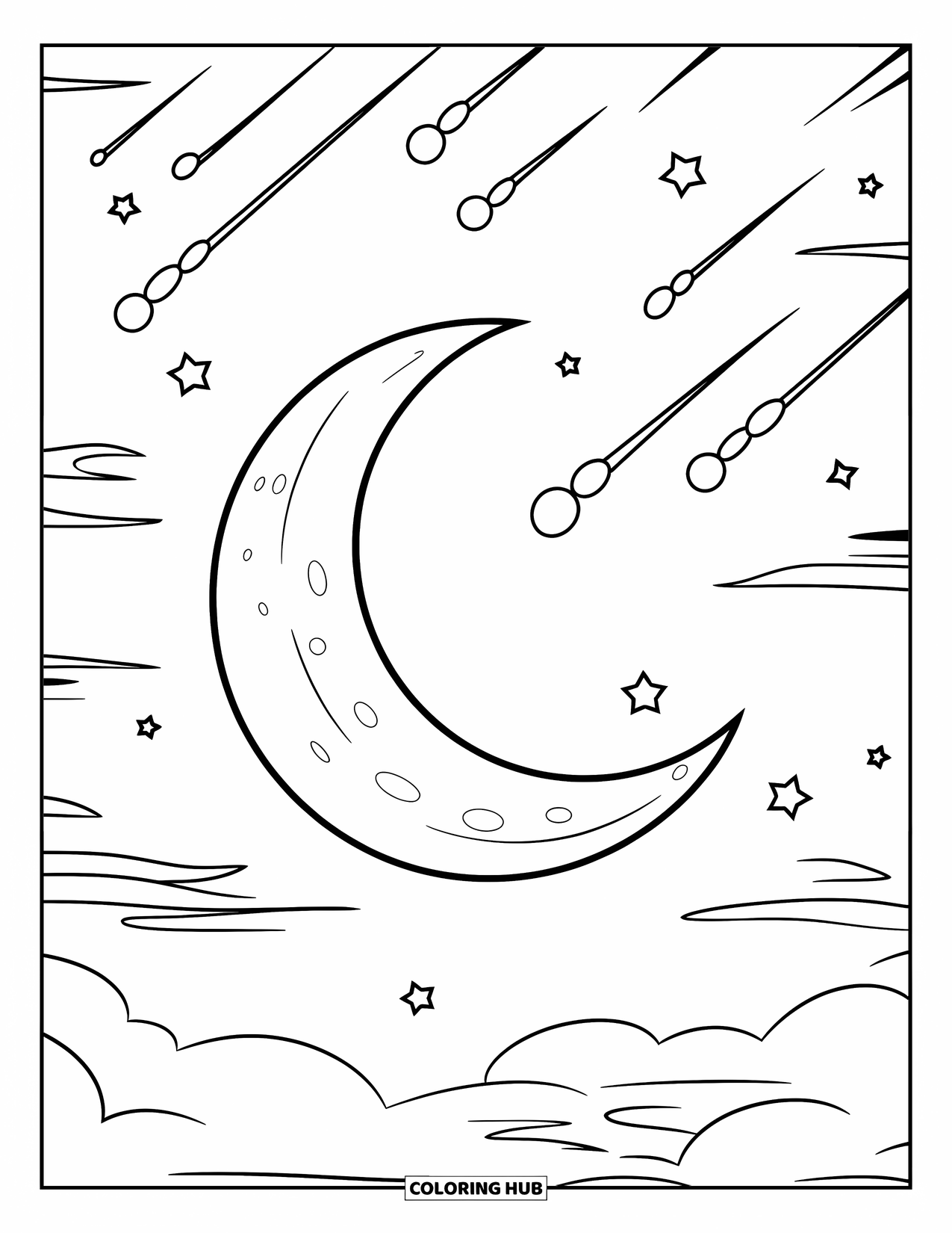 Moon Coloring Page for Kids: A dreamy crescent moon is surrounded by shooting stars, floating in a peaceful night sky