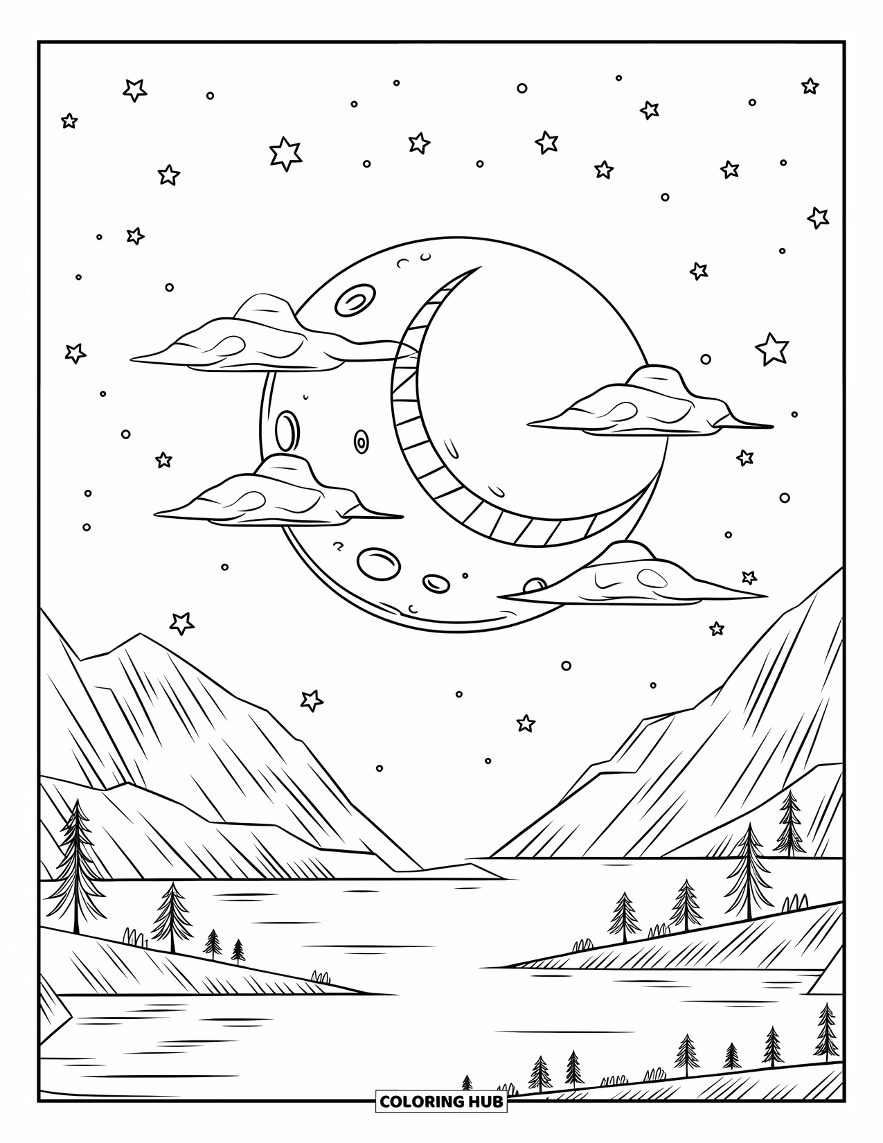 Moon Coloring Page for Kids: A full moon peeks from behind fluffy clouds, scattering soft light into a serene, open sky