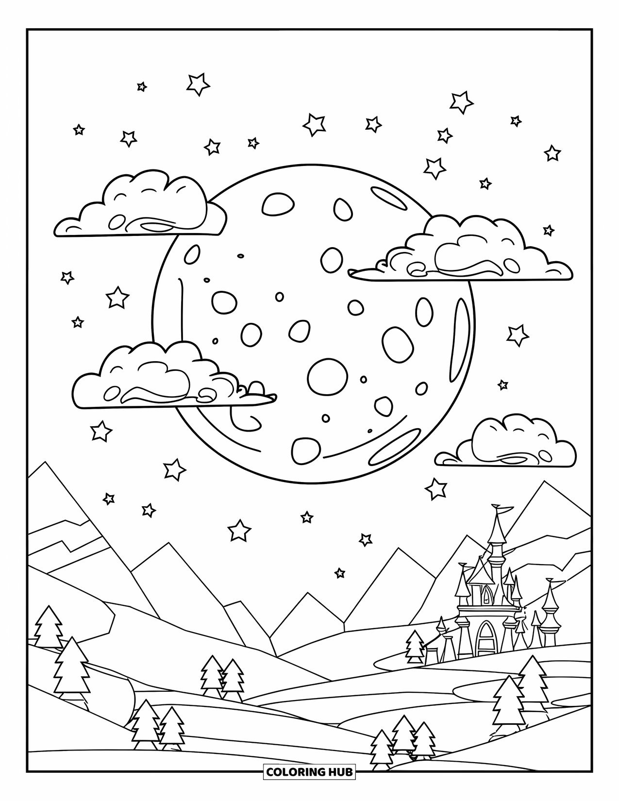 Moon Coloring Page for Kids: A full moon peeks through drifting clouds, filling the starry night with its quiet, celestial glow