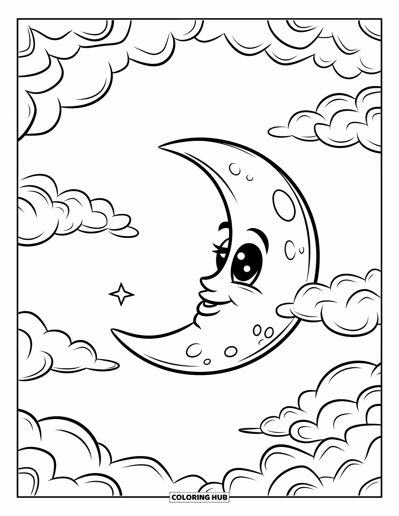 Moon Coloring Page for Kids: A full moon with big, round eyes and a gentle smile peeks from behind fluffy clouds, with a tiny star twinkling nearby