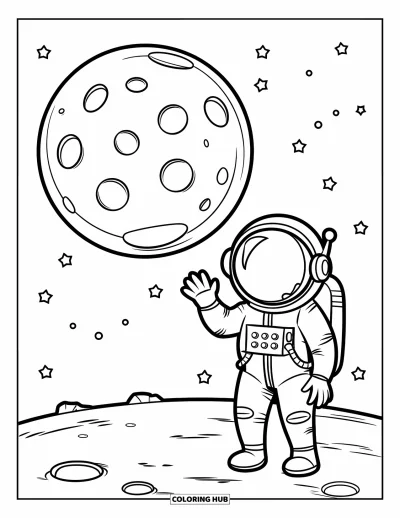 Coloriage de lune pour enfants : une pleine lune avec des cratères doux brille tandis qu’un astronaute amical fait signe de la main depuis la surface lunaire, sur fond de ciel étoilé