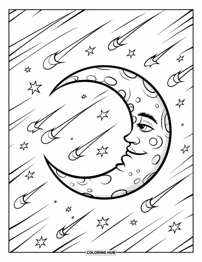 Coloriage de lune pour enfants : une douce fée aux cheveux flottants se prélasse sur un croissant de lune, lançant un sort avec sa baguette étoile scintillante