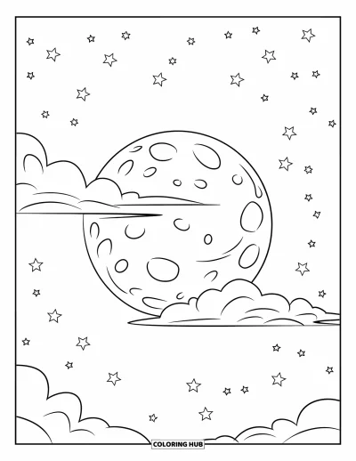 Coloriage de lune pour enfants : une lune brillante, partiellement cachée par de doux nuages, projette un doux éclat sur une nuit calme et paisible