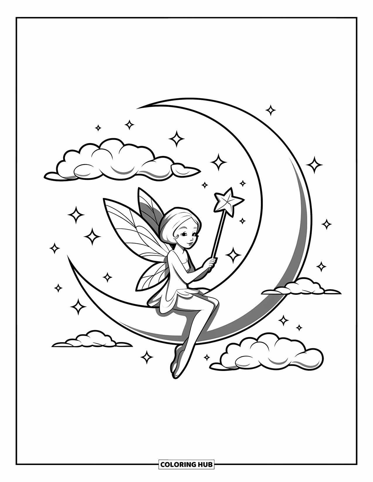 Moon Coloring Page for Kids: A graceful fairy with delicate wings perches on a crescent moon, holding a glowing star wand