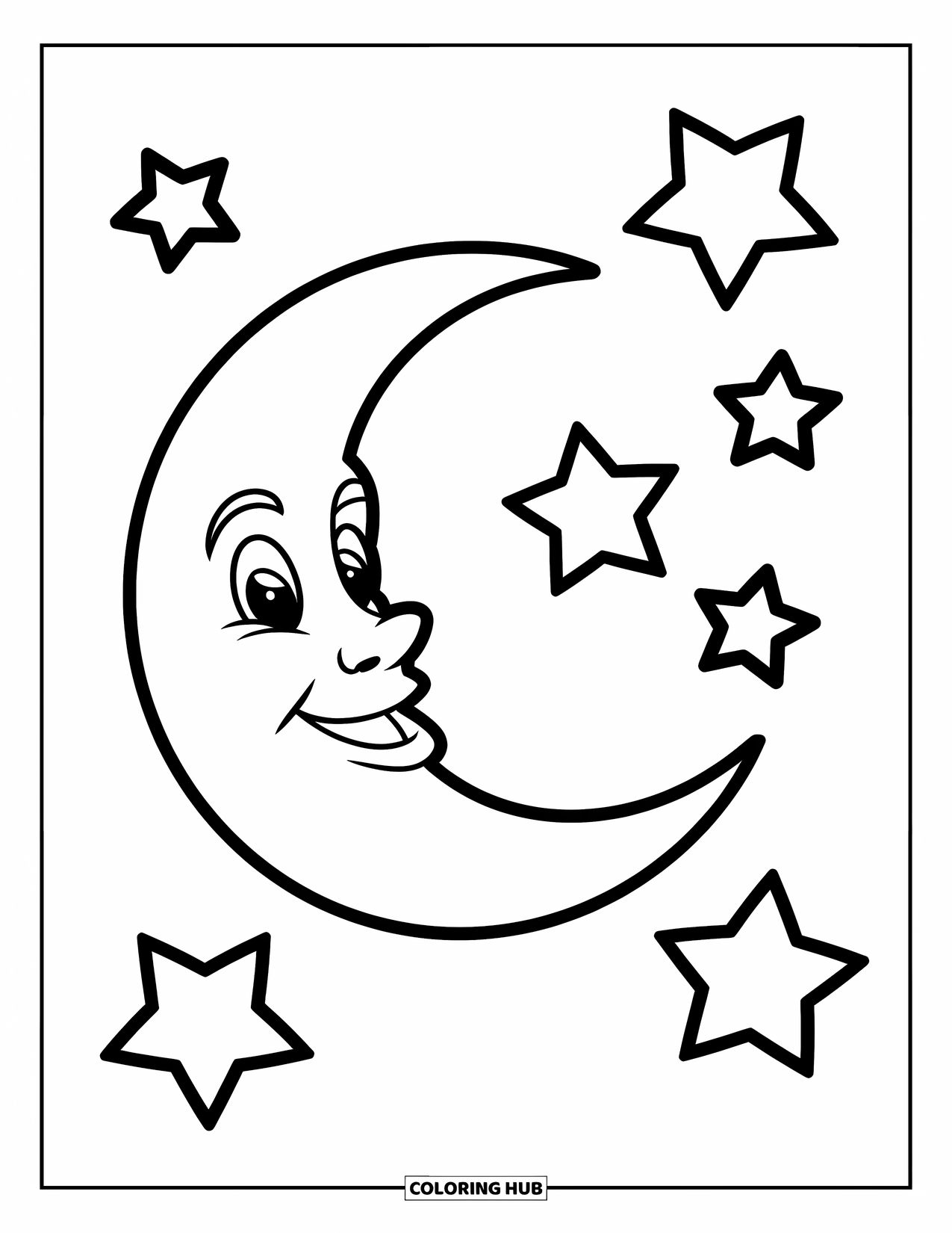 Moon Coloring Page for Kids: A happy crescent moon gently glows in the sky, surrounded by five twinkling stars in a playful, cheerful scene