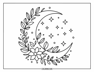 Coloriage de lune pour enfants : un joli croissant de lune est décoré de motifs floraux complexes, entouré de délicates étoiles scintillantes