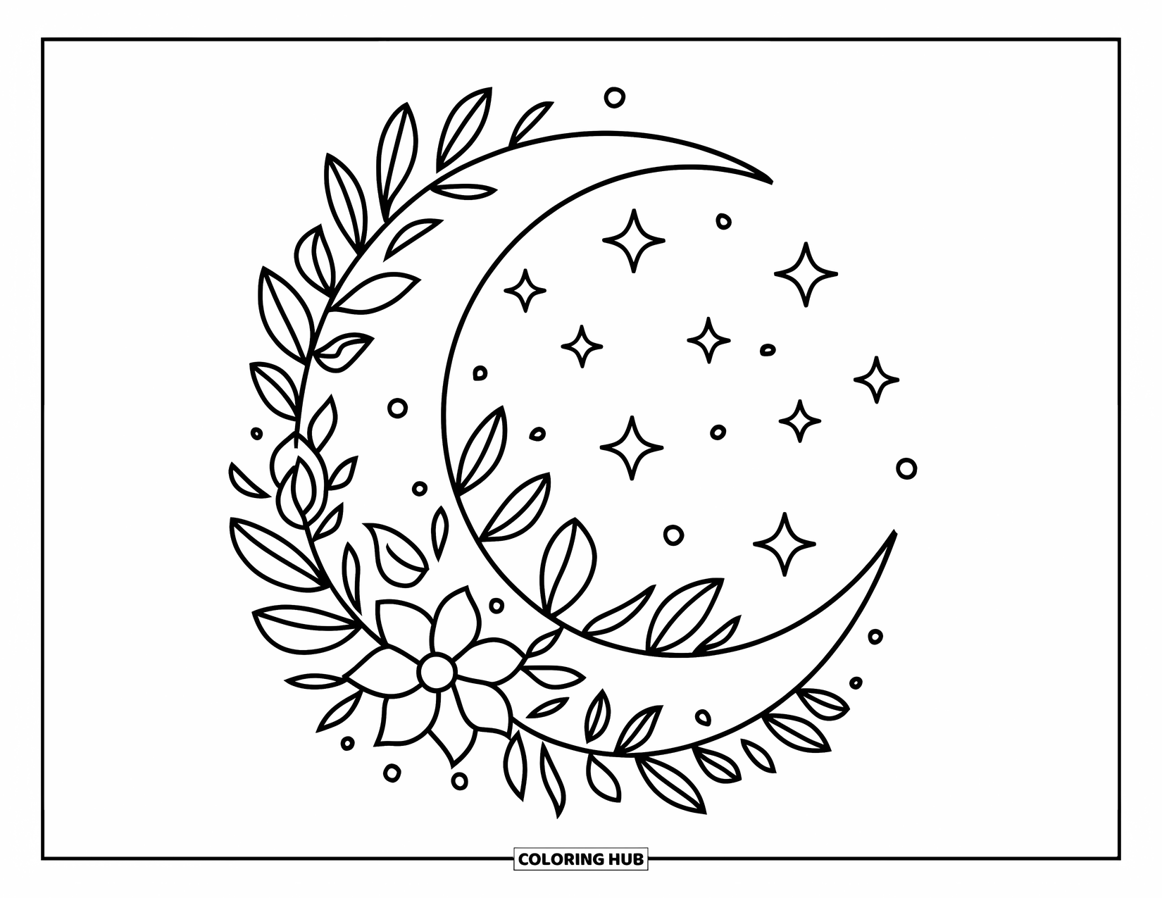 Moon Coloring Page for Kids: A lovely crescent moon is decorated with intricate floral patterns, surrounded by delicate twinkling stars