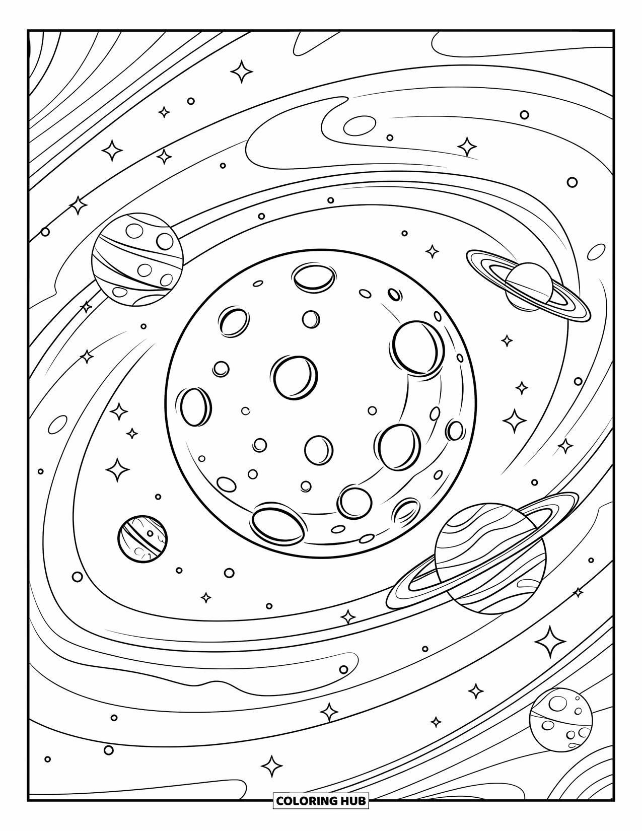 Moon Coloring Page for Kids: A luminous full moon sits among floating planets and mesmerizing galaxies in an endless cosmic dance
