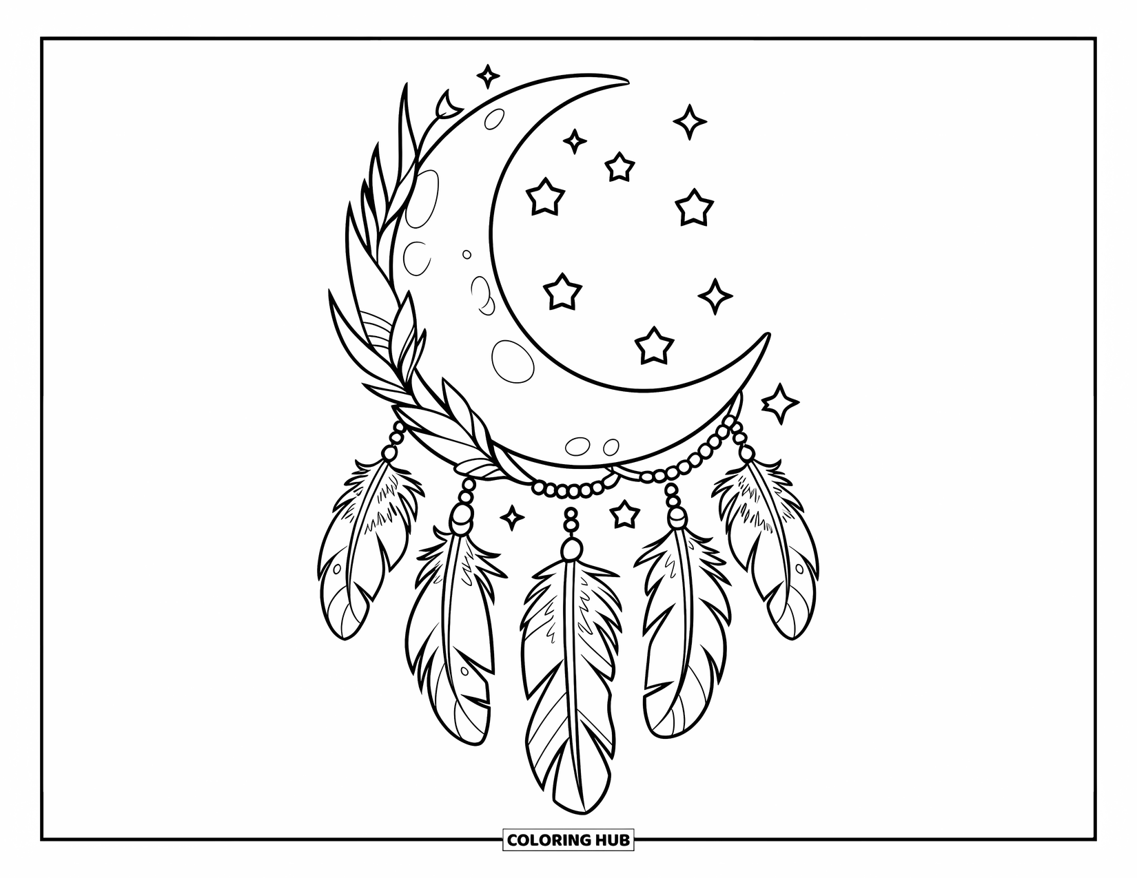 Moon Coloring Page for Kids: A magical crescent moon with intricate swirls is lit up by the glow of shooting stars passing by