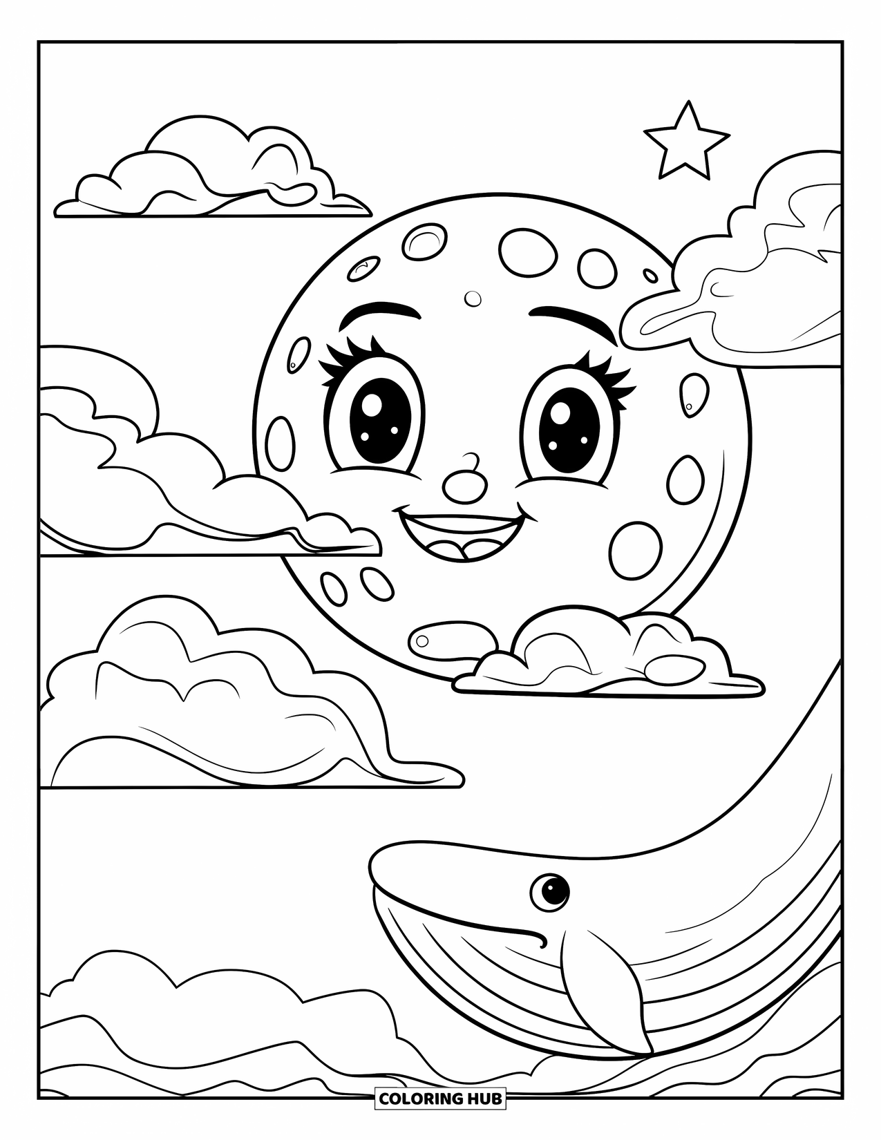 Moon Coloring Page for Kids: A plump little moon with a warm smile floats gently among bold clouds, with a tiny twinkling star in the distance