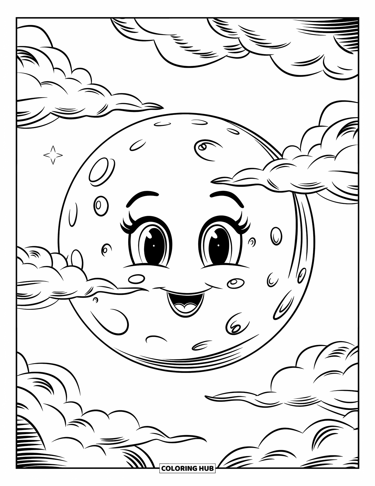 Moon Coloring Page for Kids: A round, happy moon with big eyes peeks out from behind a cloud, enjoying the soft glow of a tiny nearby star