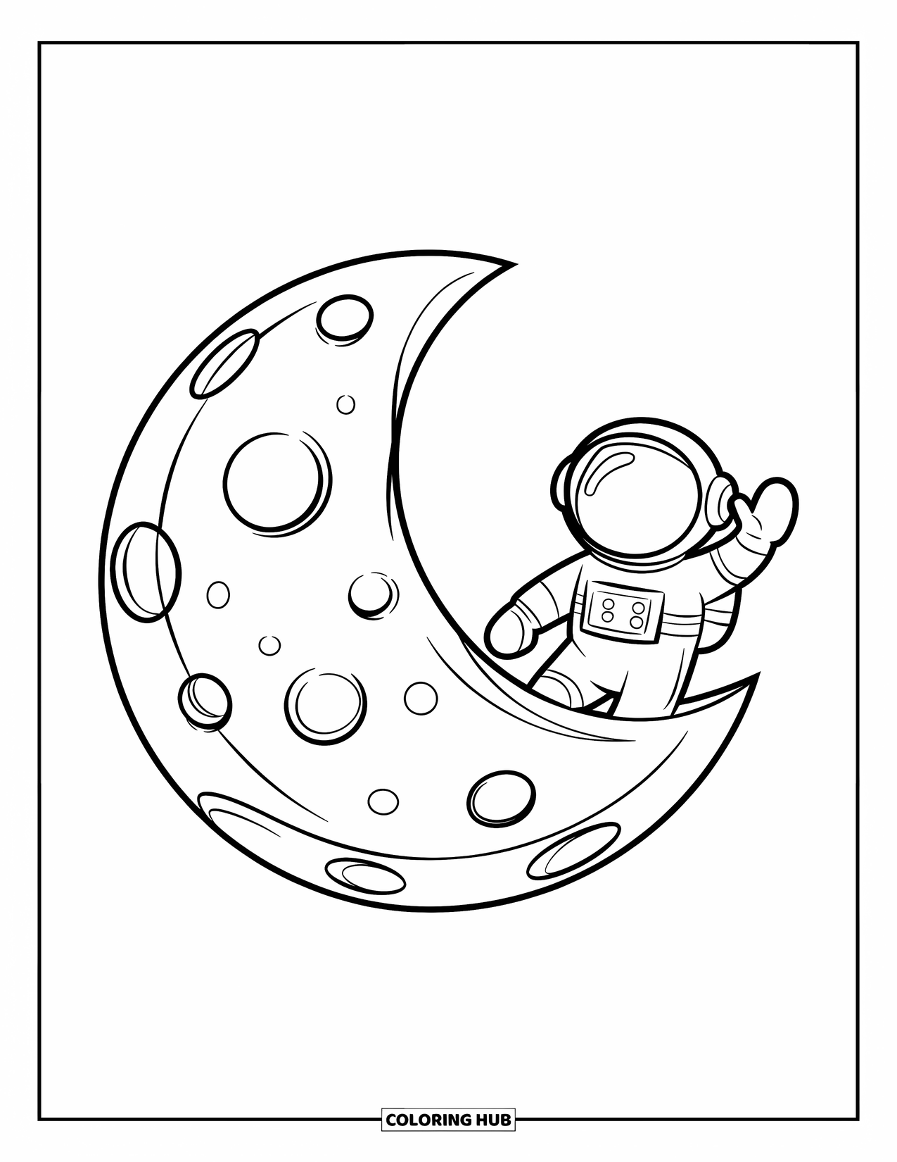 Moon Coloring Page for Kids: A simple yet charming full moon with crater details waves at an astronaut in the background, floating in a vast white sky