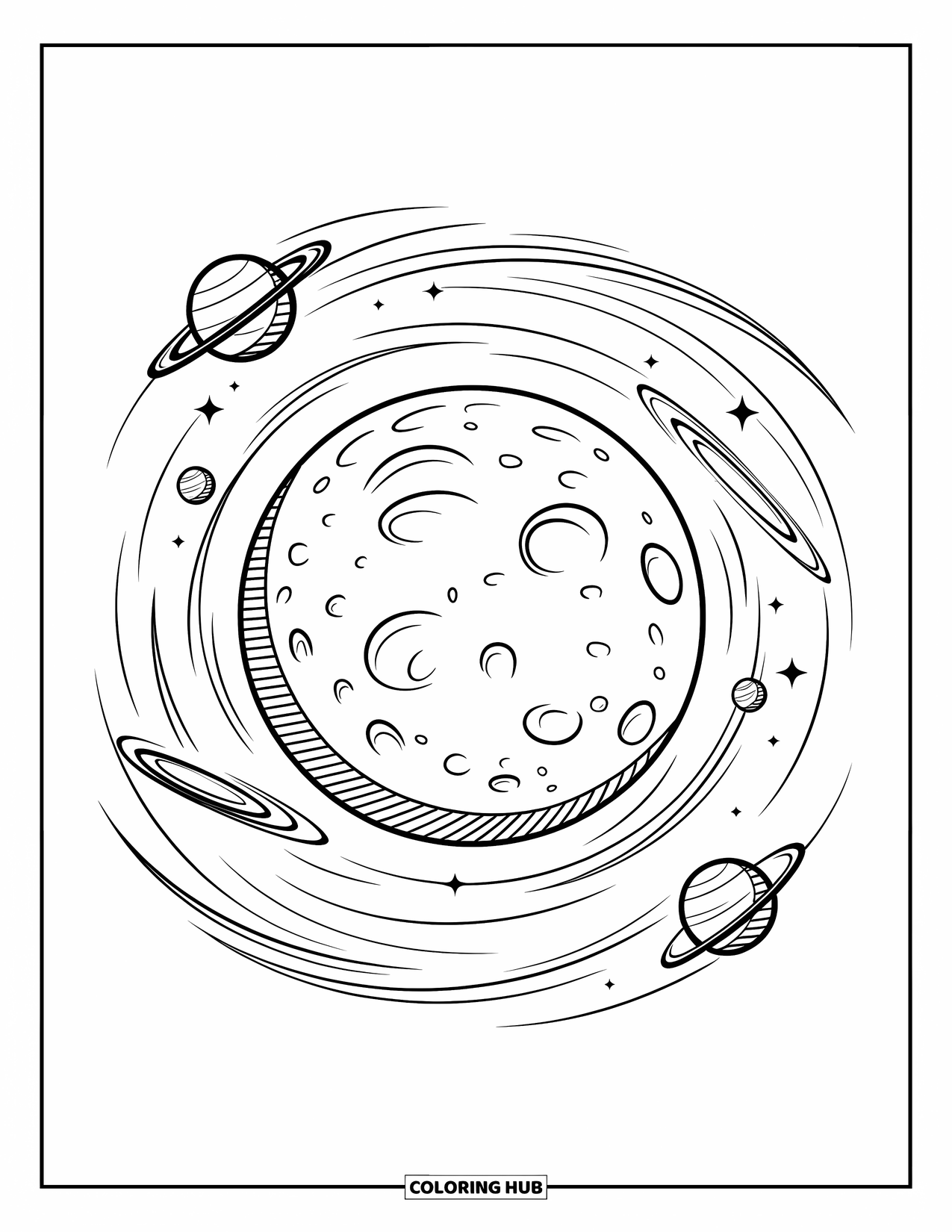 Moon Coloring Page for Kids: A soft crescent moon shines in a dreamy sky, as shooting stars streak across in a peaceful glow