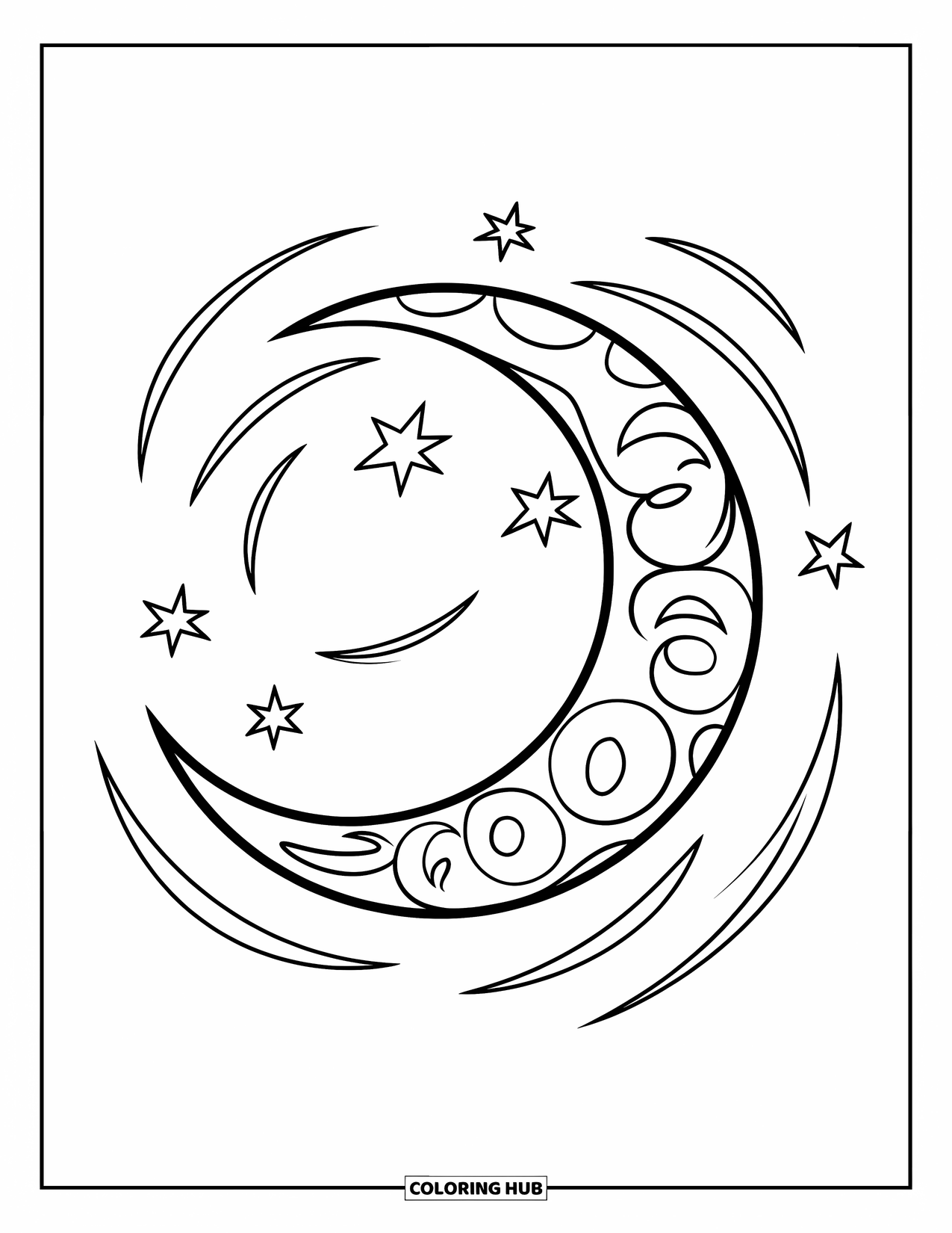 Moon Coloring Page for Kids: A swirling crescent moon radiates magic, surrounded by shooting stars in a playful cosmic dance