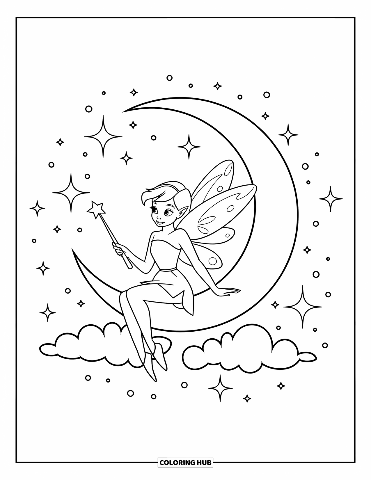 Moon Coloring Page for Kids: A whimsical fairy sits atop a crescent moon, surrounded by dreamy clouds and twinkling sparkles