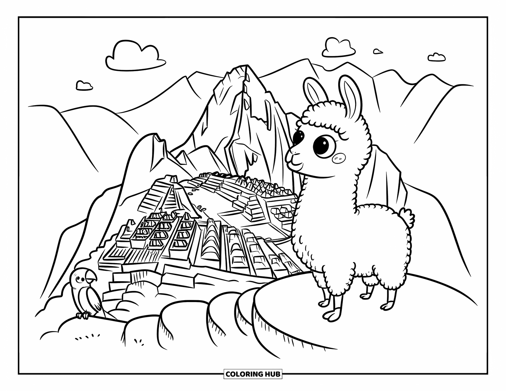Nature Coloring Page for Adults: A baby llama stands on a terrace, admiring the mountains with a tiny parrot nearby