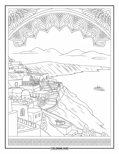Nature Coloring Page for Adults: A charming cliffside village with domed rooftops and a boat sailing below