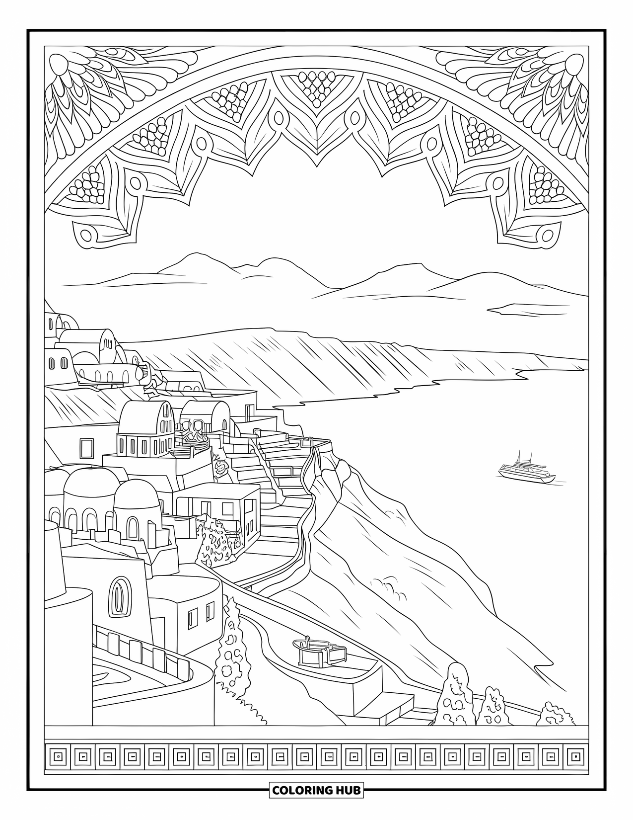 Nature Coloring Page for Adults: A charming cliffside village with domed rooftops and a boat sailing below