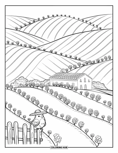 Nature Coloring Page for Adults: A charming Tuscan farmhouse among vineyards, with a tiny bird perched on a wooden fence