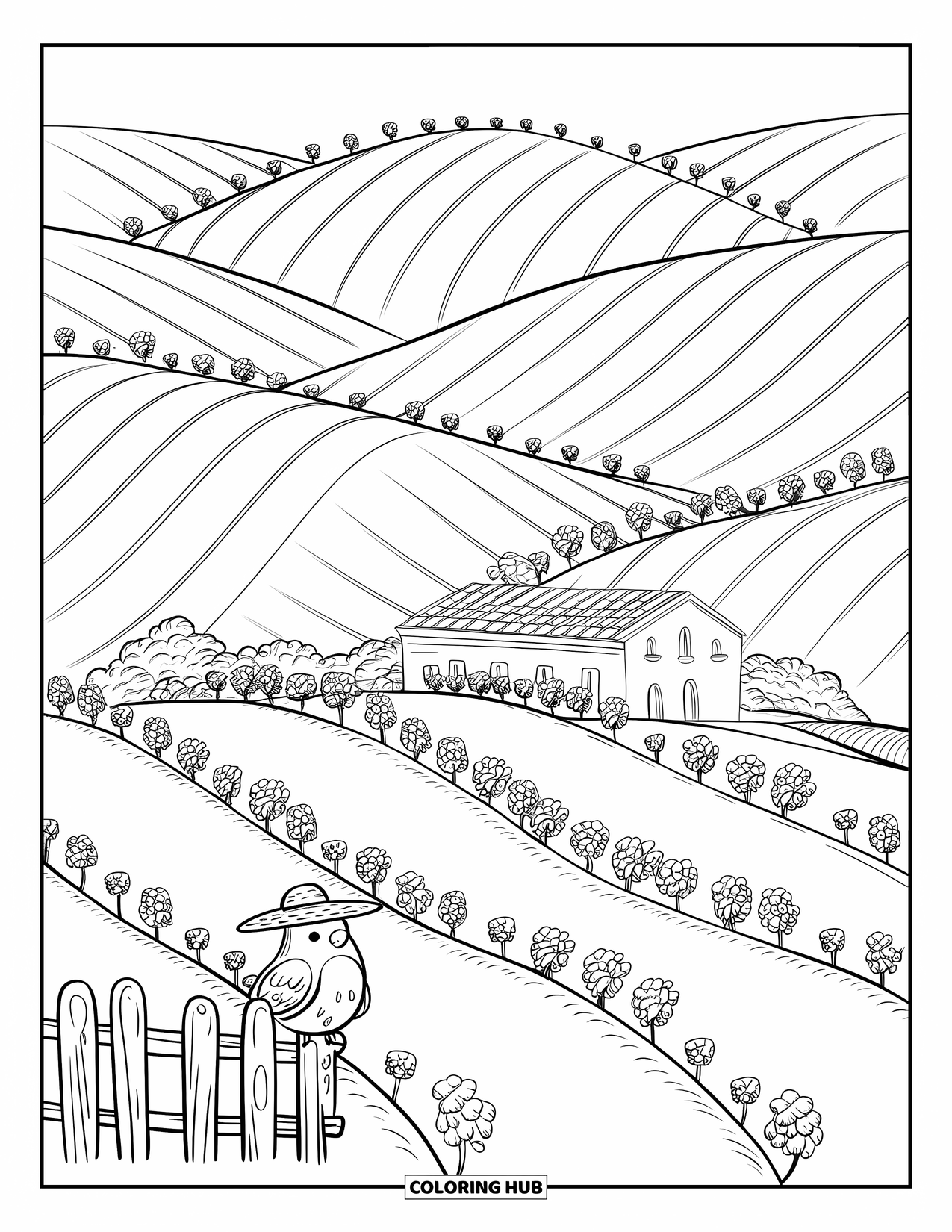 Nature Coloring Page for Adults: A charming Tuscan farmhouse among vineyards, with a tiny bird perched on a wooden fence