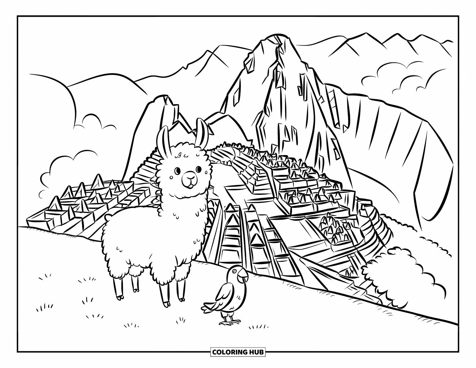 Nature Coloring Page for Adults: A chubby baby llama and a small parrot enjoy the view from Machu Picchuâ€TMs terraces