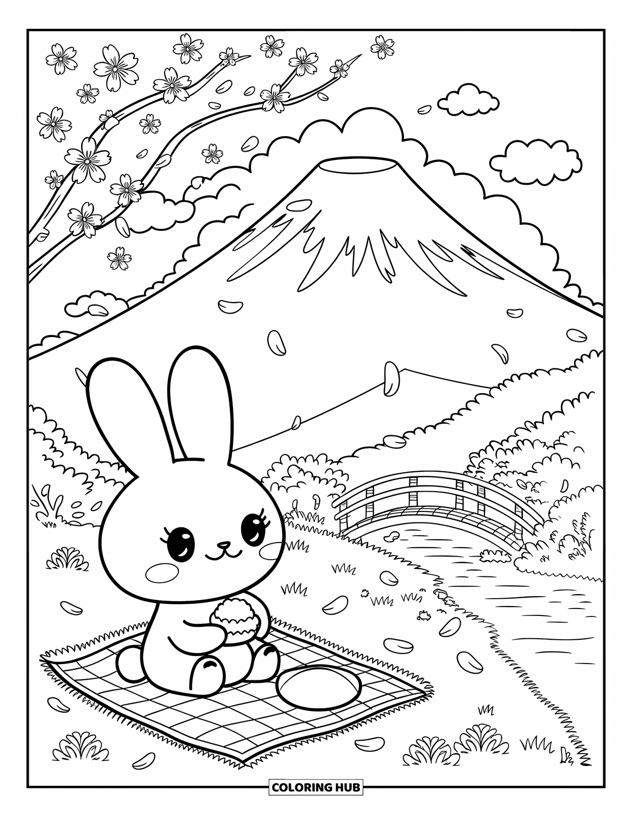Nature Coloring Page for Adults: A chubby bunny sits under a cherry blossom tree, gazing at Mount Fuji while holding a rice ball