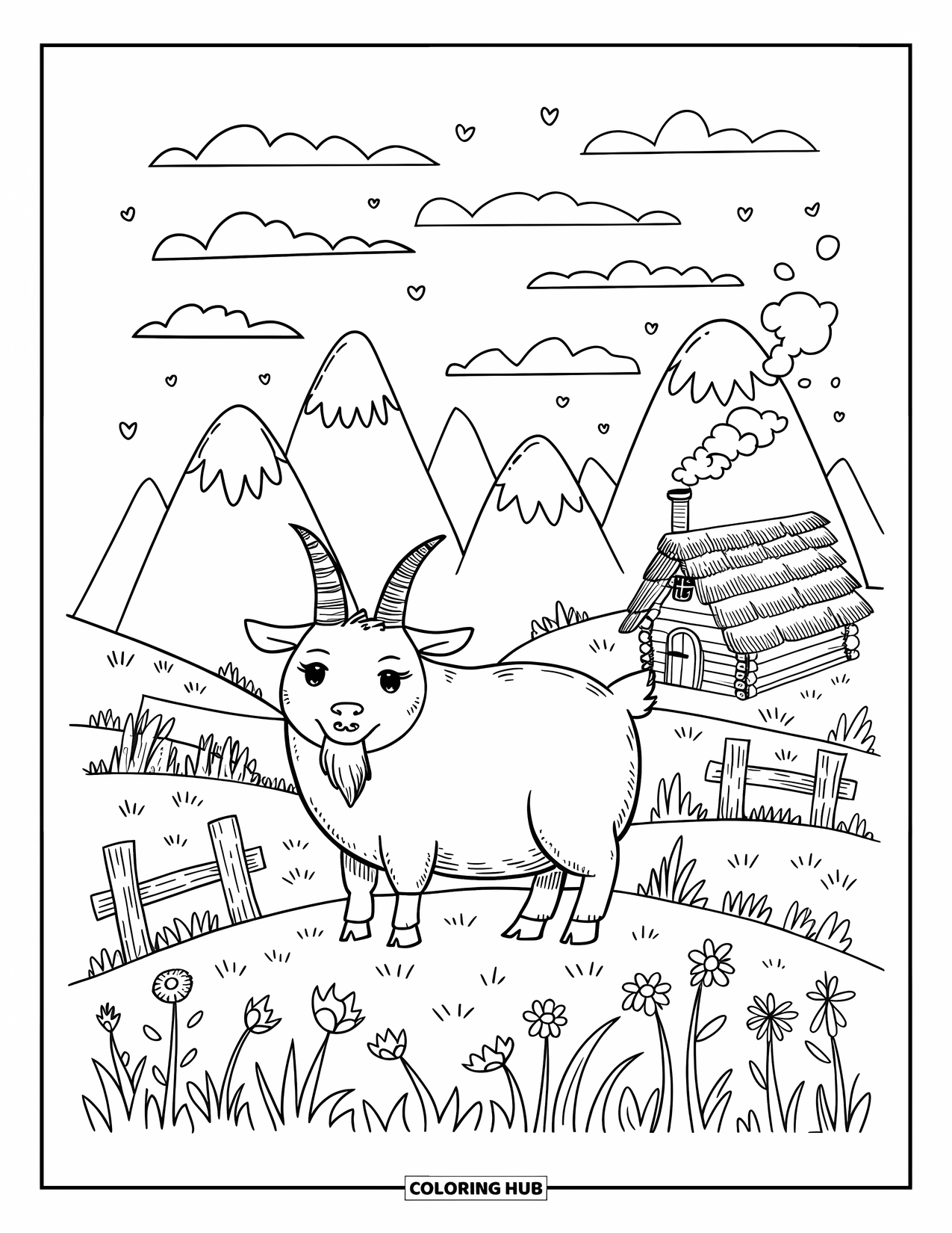 Nature Coloring Page for Adults: A chubby goat grazes among wildflowers, with a charming cabin and soft mountain peaks behind it