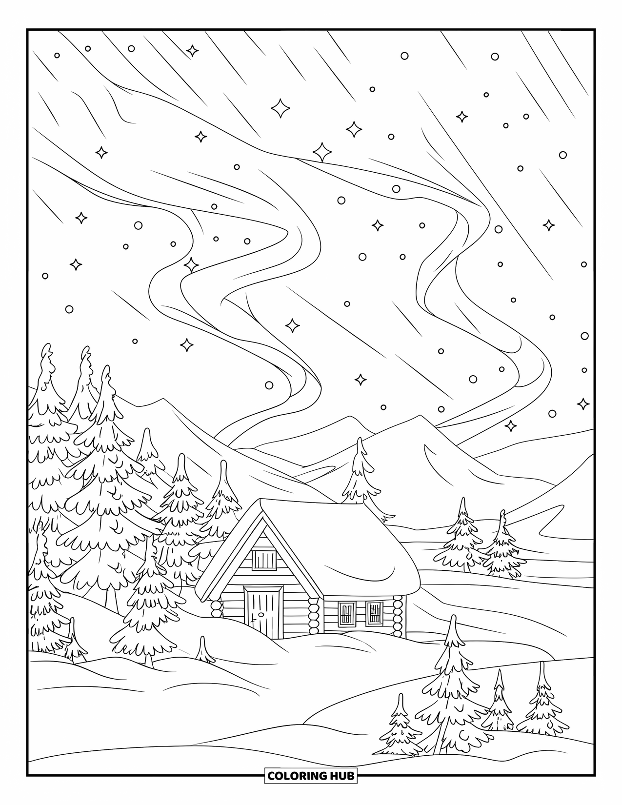 Nature Coloring Page for Adults: A cozy cabin sits among snowy pines under the dancing Northern Lights