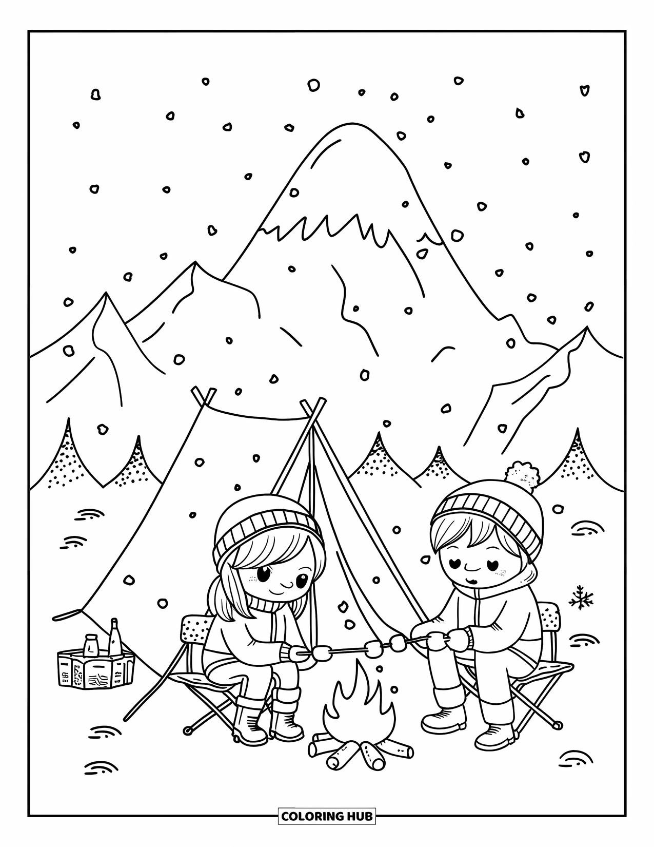 Nature Coloring Page for Adults: A cozy campsite at the foot of a mountain, where climbers warm up by a fire