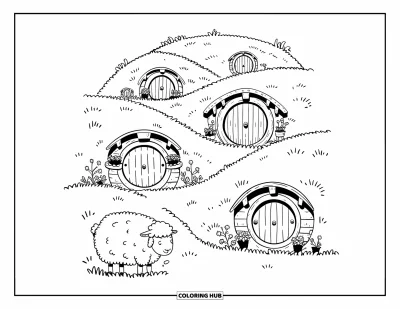 Nature Coloring Page for Adults: A cozy hillside with round doors, a fluffy sheep, and charming miniature details