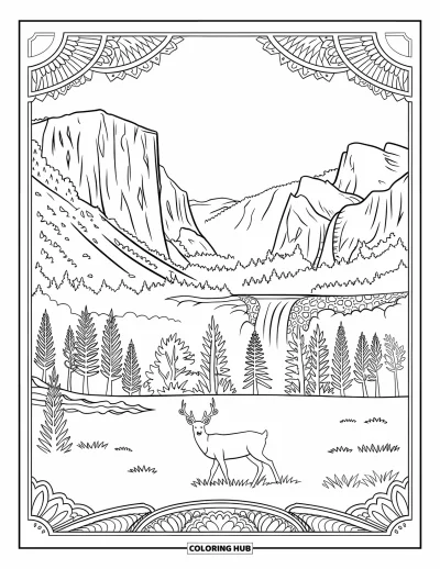 Nature Coloring Page for Adults: A deer grazes peacefully near a waterfall beneath Yosemite's towering cliffs