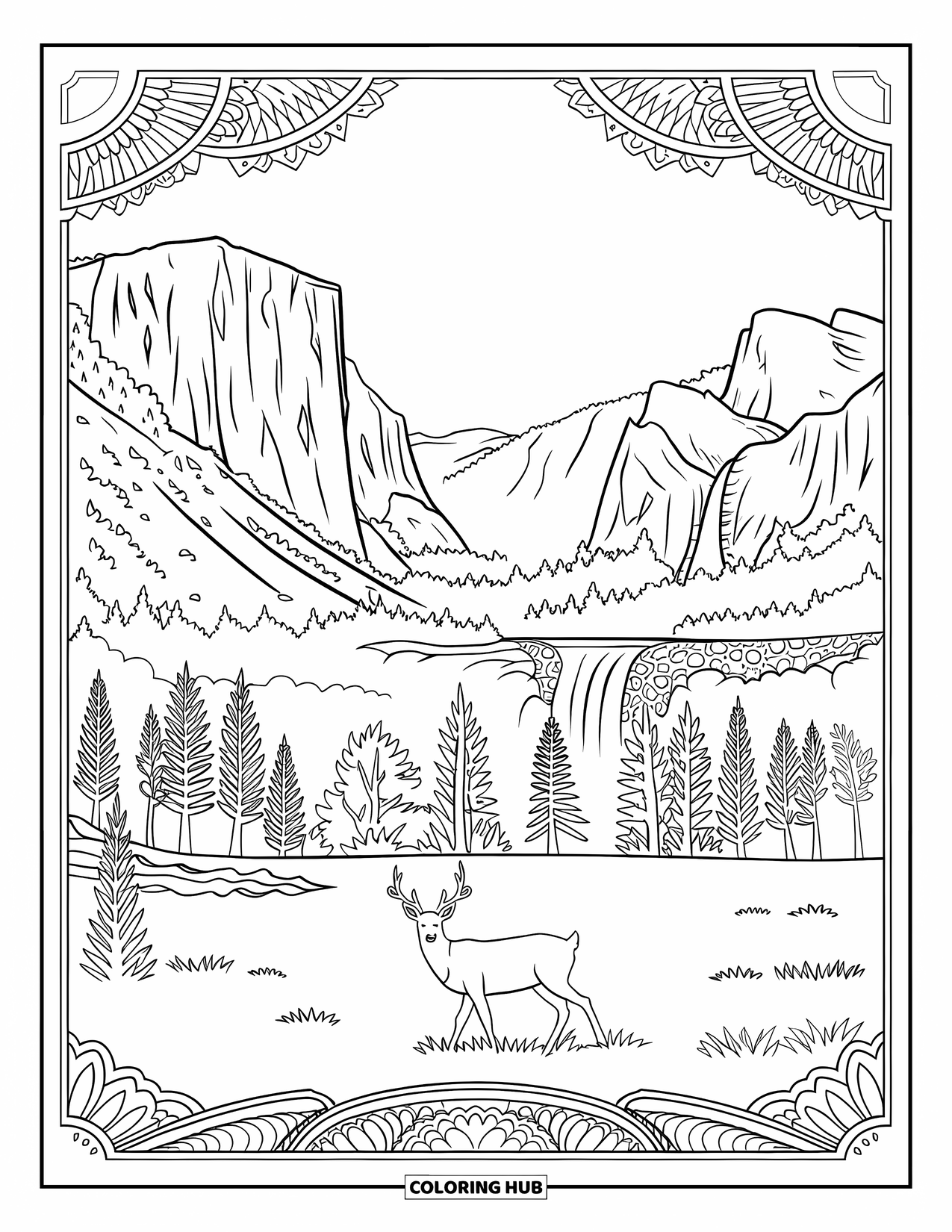 Nature Coloring Page for Adults: A deer grazes peacefully near a waterfall beneath Yosemite's towering cliffs