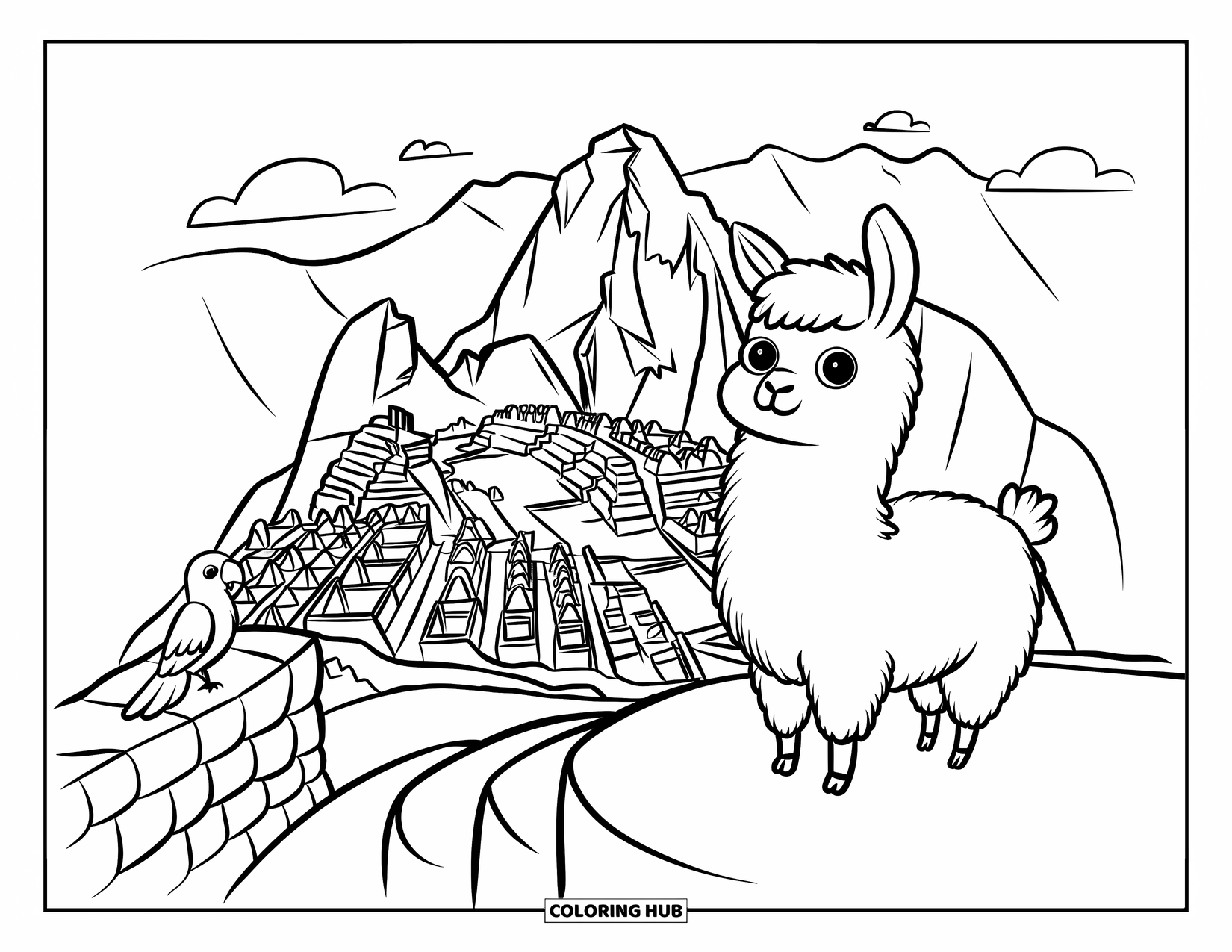 Nature Coloring Page for Adults: A fluffy baby llama stands on a terrace, overlooking ancient stone structures in the mountains