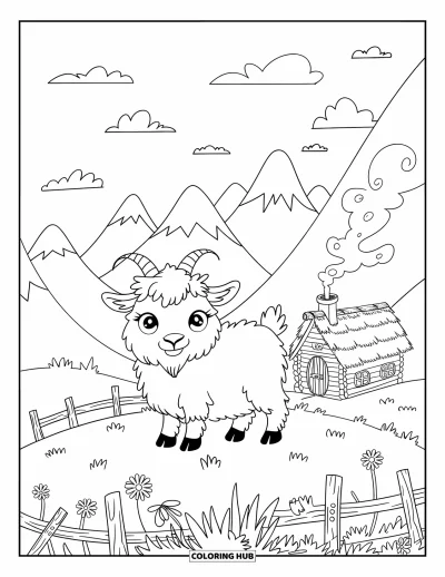 Nature Coloring Page for Adults: A fluffy goat stands on a hill, surrounded by wildflowers, wooden fences, and a cozy cabin