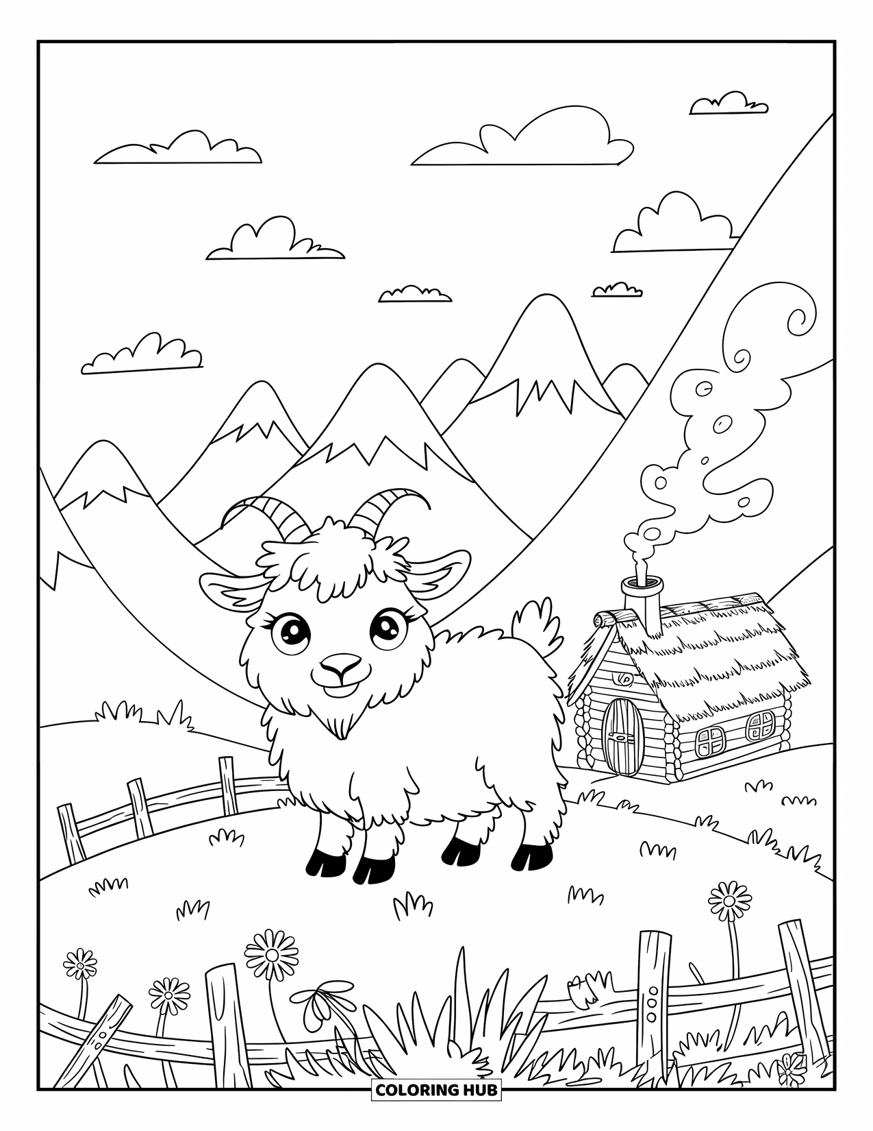 Nature Coloring Page for Adults: A fluffy goat stands on a hill, surrounded by wildflowers, wooden fences, and a cozy cabin