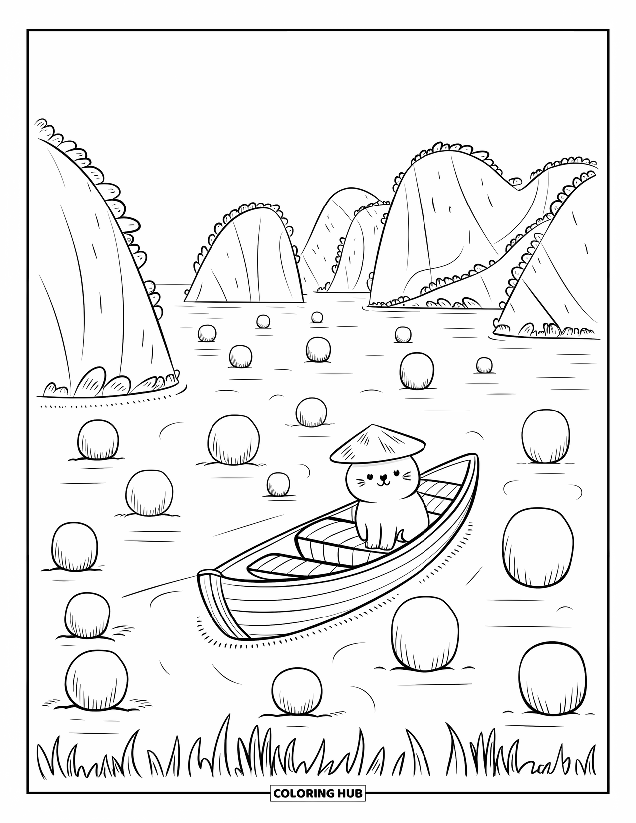 Nature Coloring Page for Adults: A gentle scene of Halong Bay, where a tiny cat sails among glowing lanterns