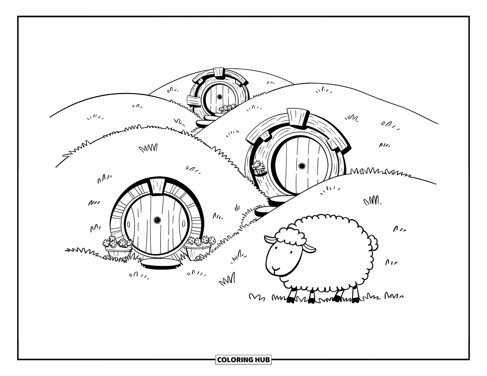 Nature Coloring Page for Adults: A Hobbit-like hill with tiny round doors, flower pots, and a fluffy sheep grazing nearby