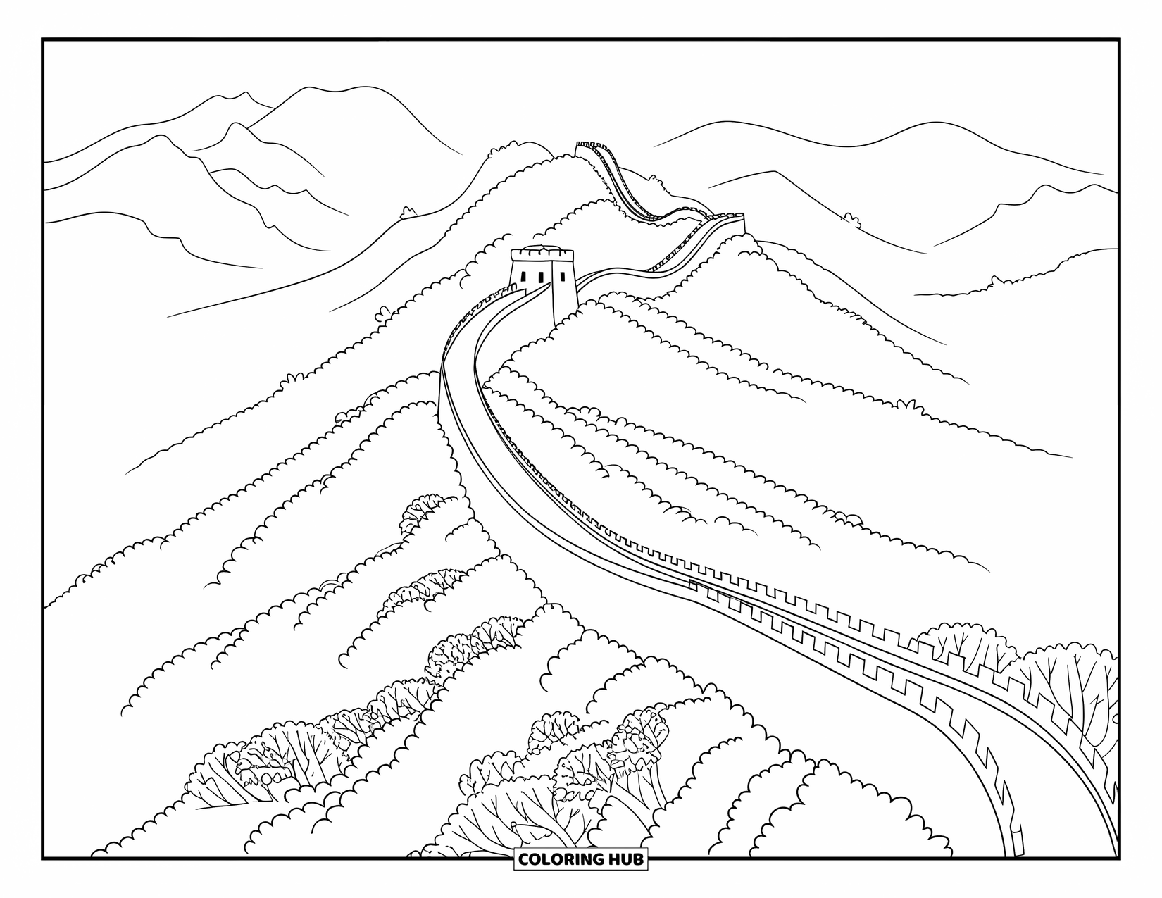 Nature Coloring Page for Adults: A majestic stretch of the Great Wall weaves across misty autumn hills