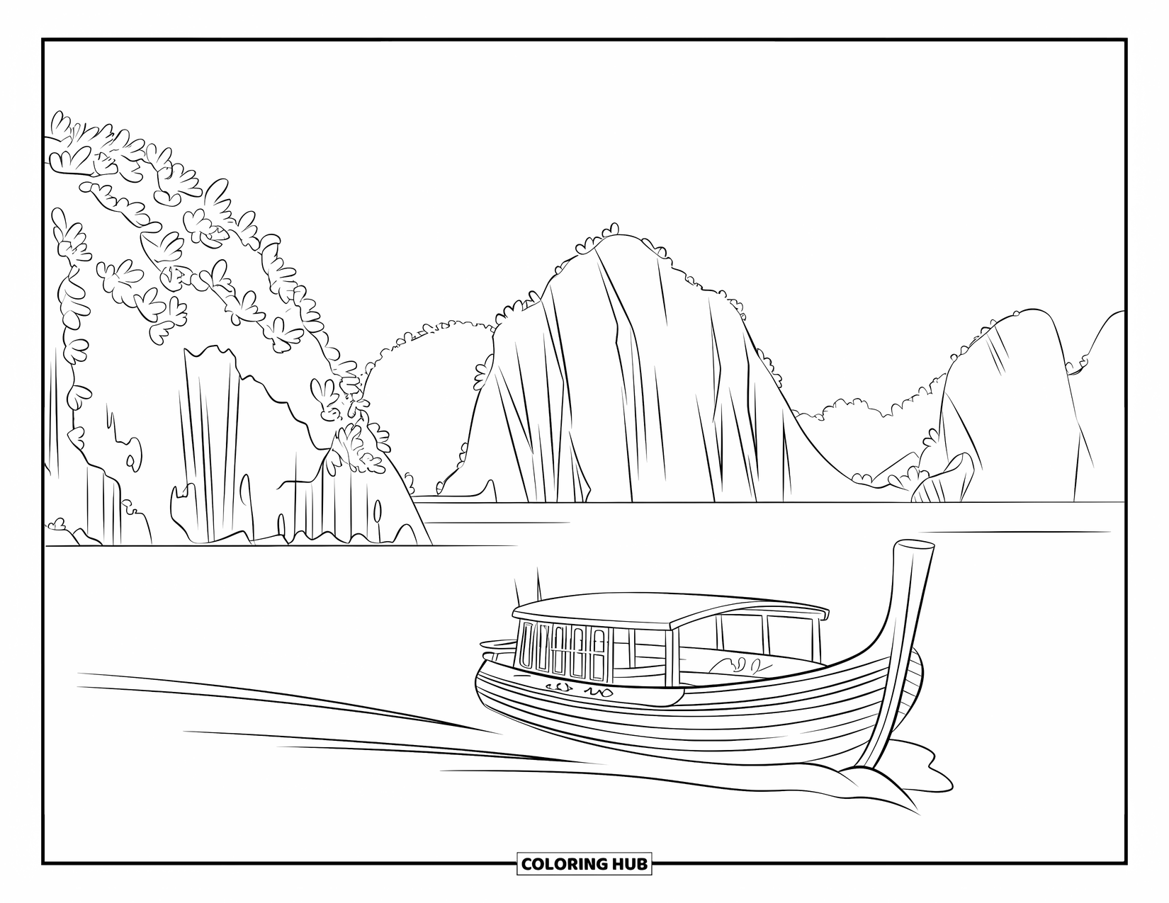 Nature Coloring Page for Adults: A peaceful boat ride among the towering limestone formations of Halong Bay