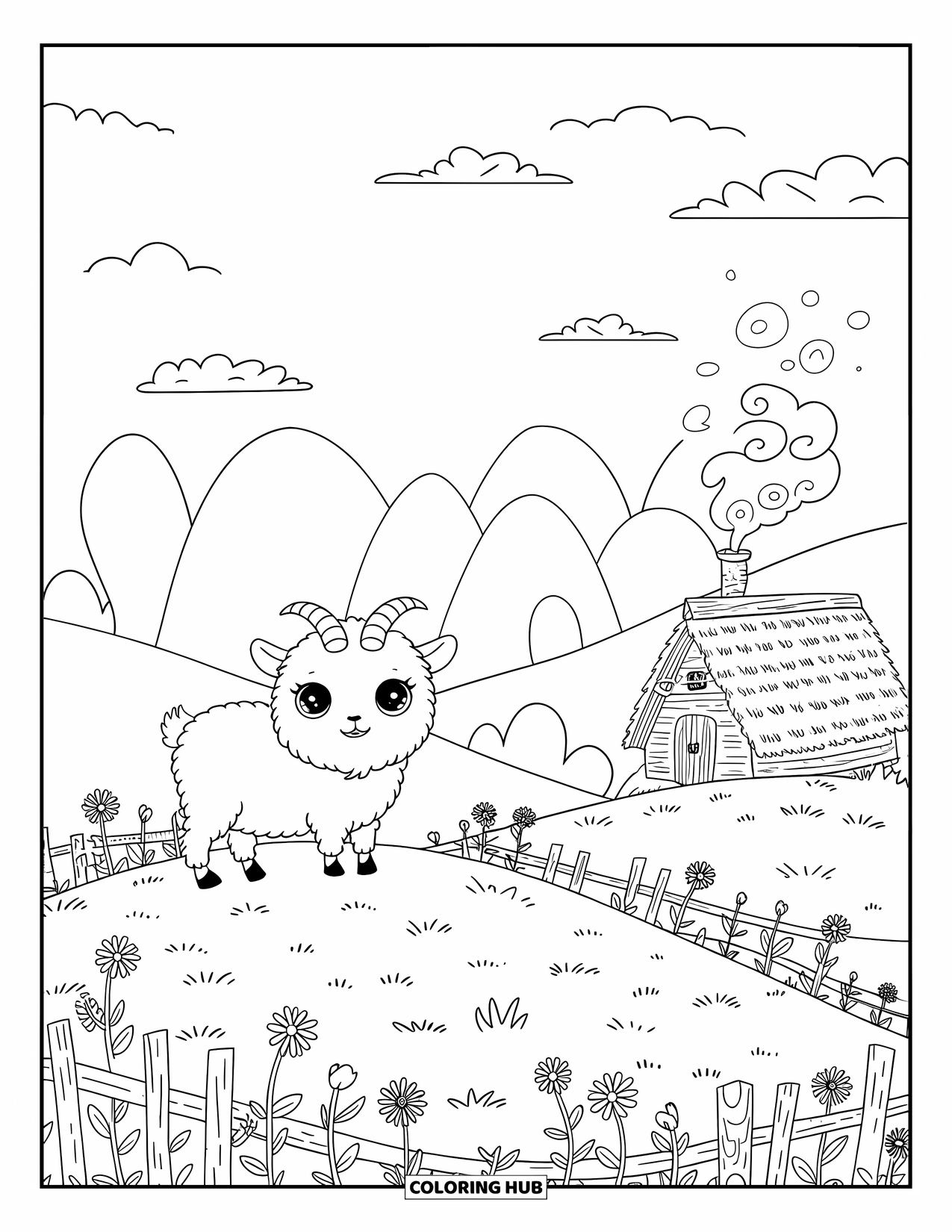 Nature Coloring Page for Adults: A peaceful farm scene with a cute goat, a cozy cabin, and rolling mountains