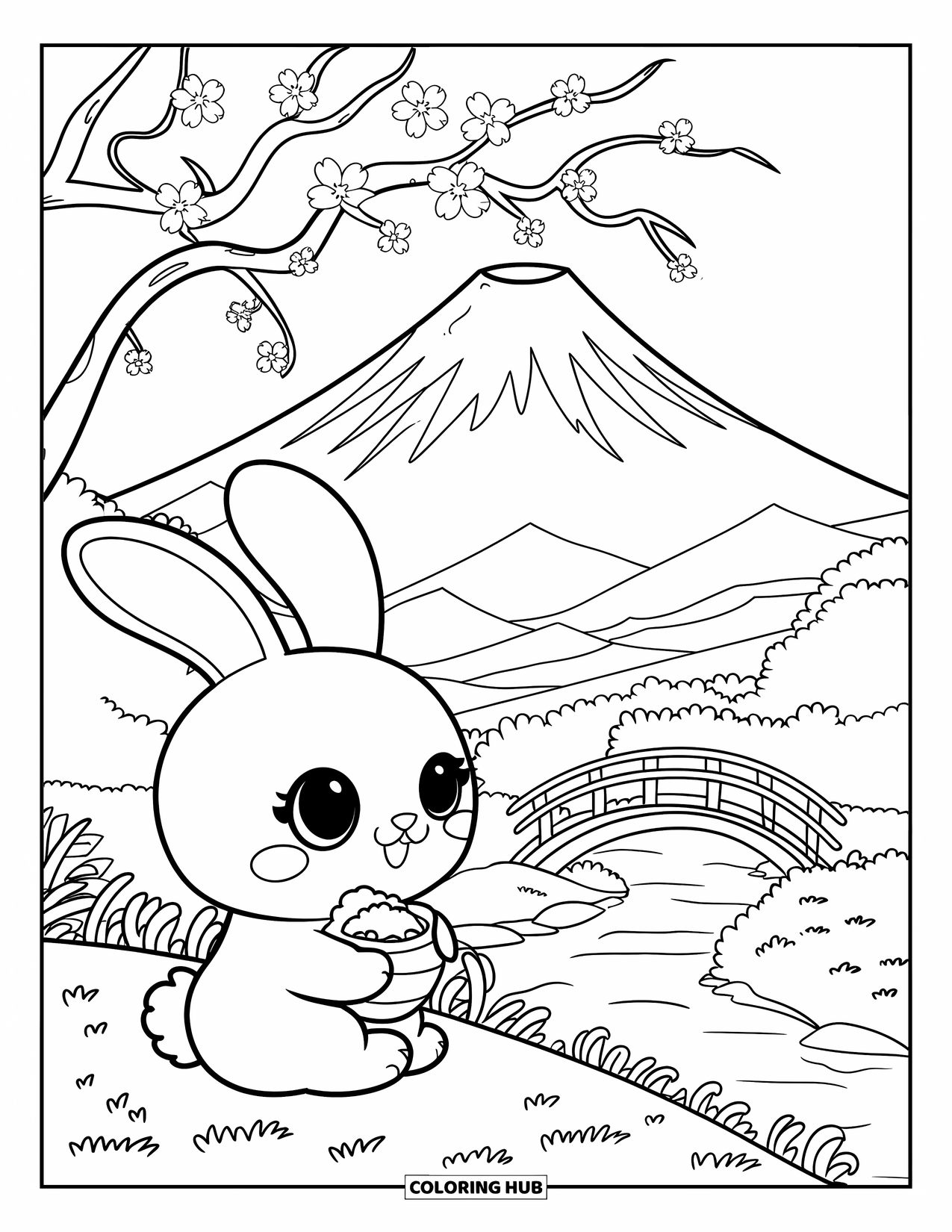 Nature Coloring Page for Adults: A peaceful riverside view with a bunny, cherry blossoms, and Mount Fuji in the distance