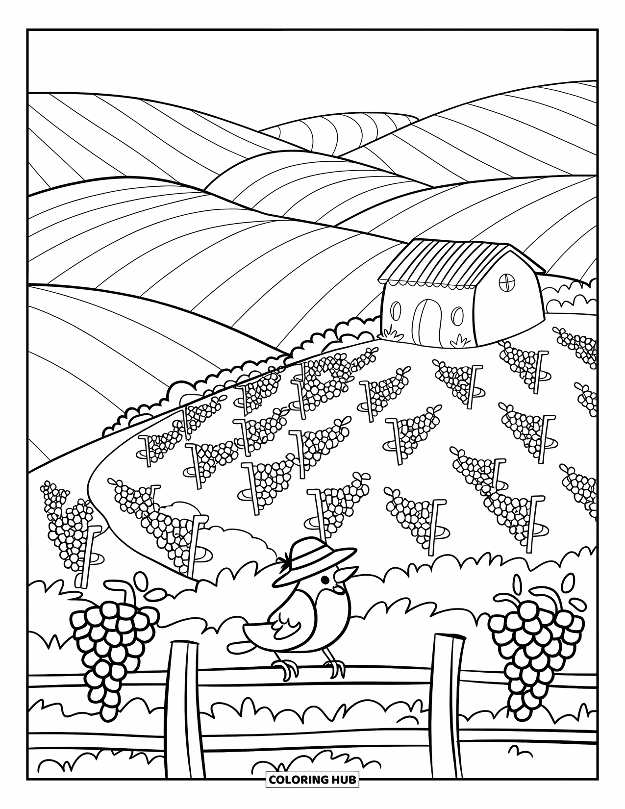 Nature Coloring Page for Adults: A peaceful Tuscany scene with a vineyard, a round farmhouse, and a curious little bird