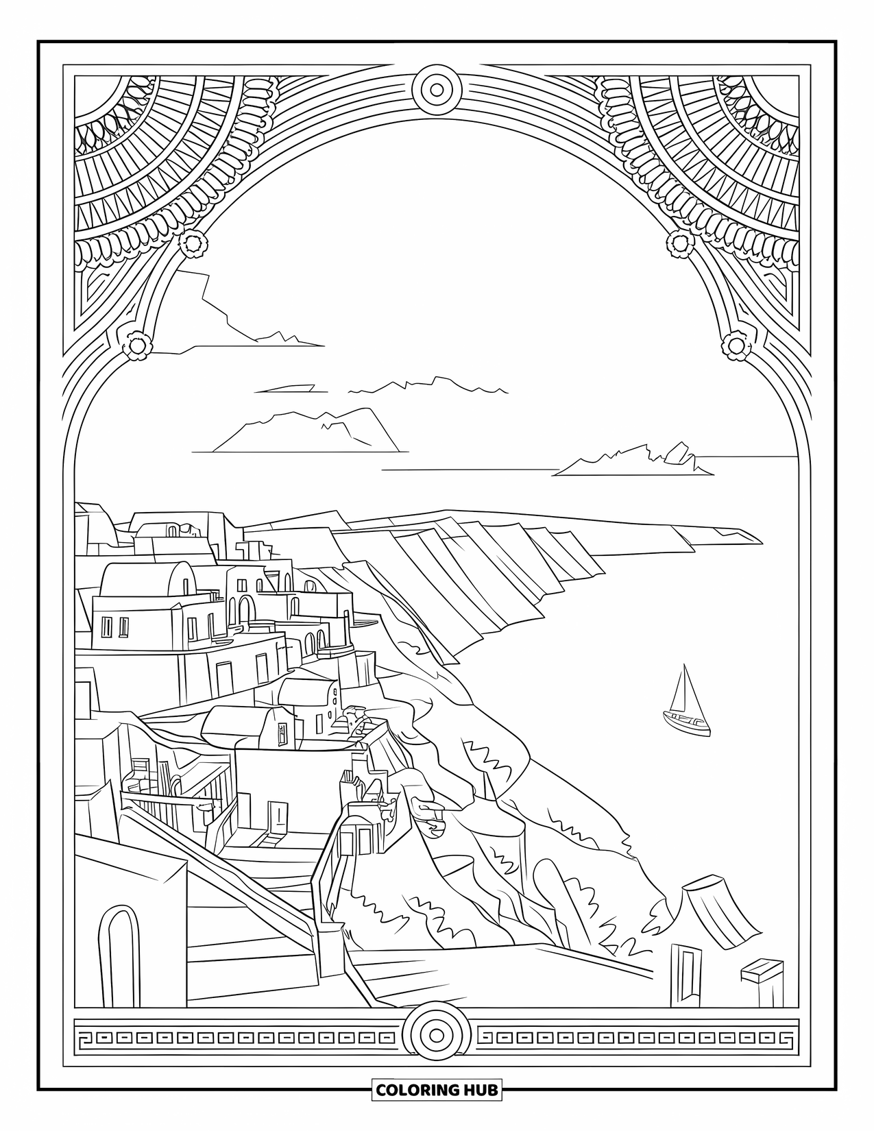 Nature Coloring Page for Adults: A picturesque Santorini scene with cascading houses and boats drifting below