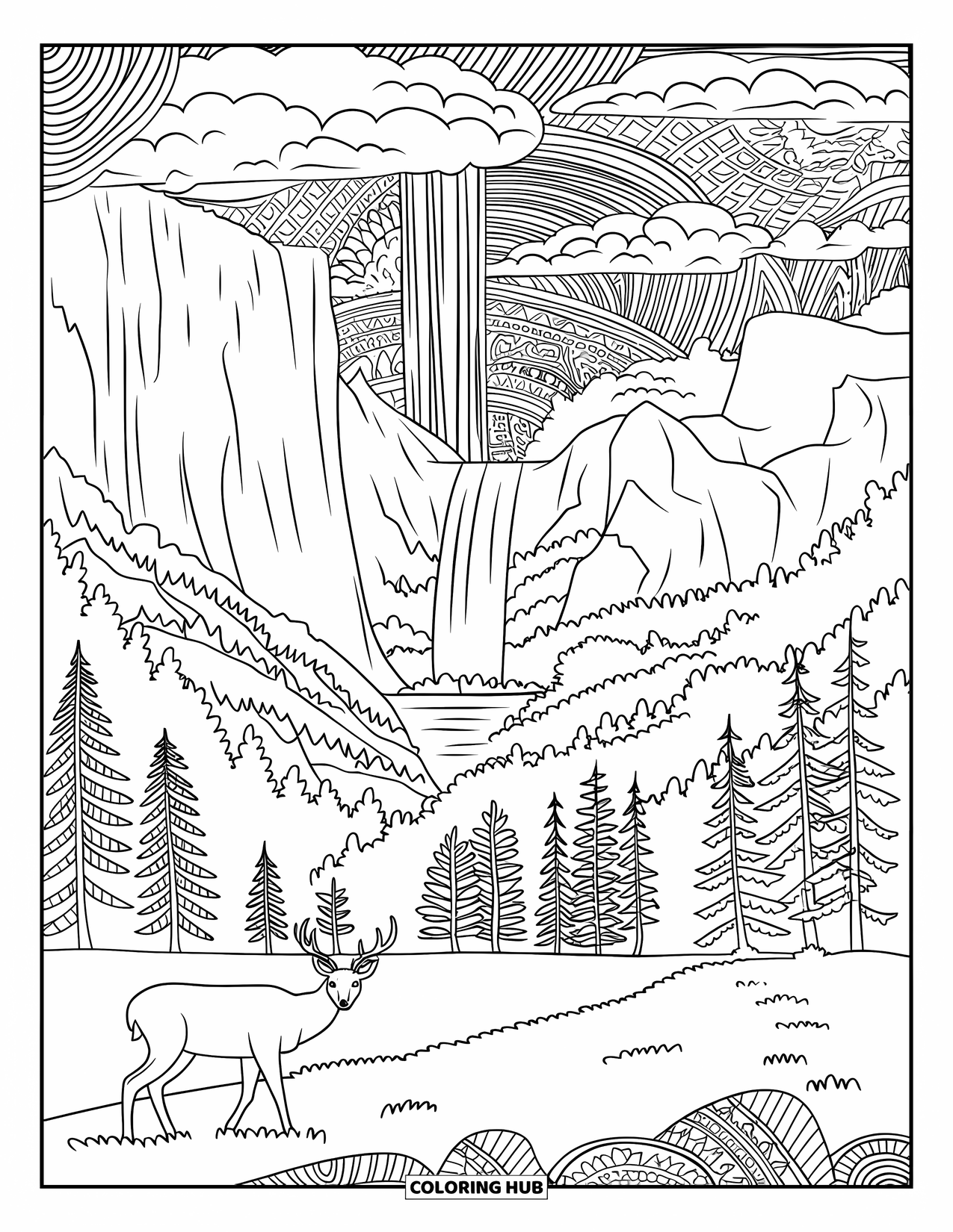 Nature Coloring Page for Adults: A picturesque Yosemite scene with rugged cliffs, waterfalls, and a grazing deer
