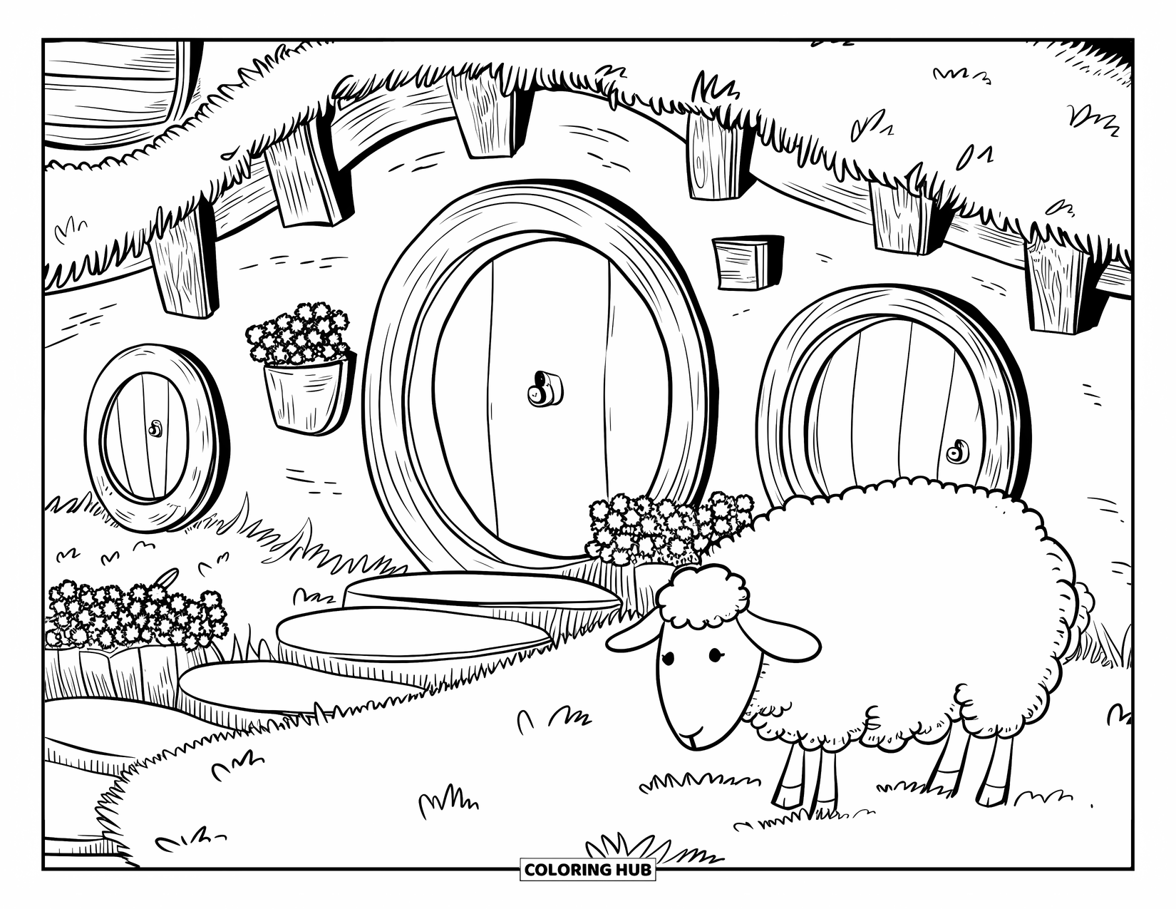 Nature Coloring Page for Adults: A rolling hill with tiny round doors, a fluffy sheep, and a cozy atmosphere