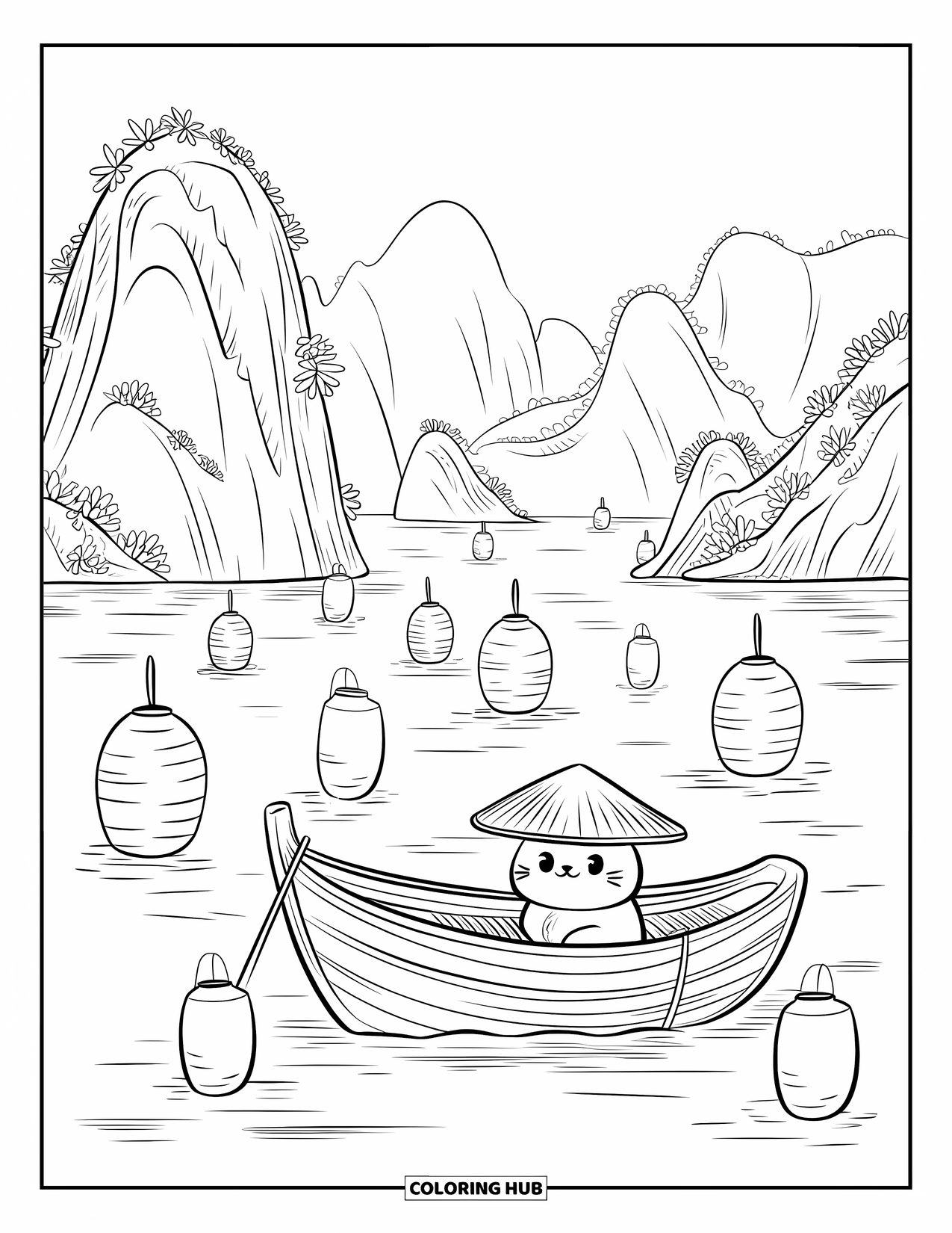 Nature Coloring Page for Adults: A small cat wearing a rice hat enjoys a peaceful boat ride among floating lanterns