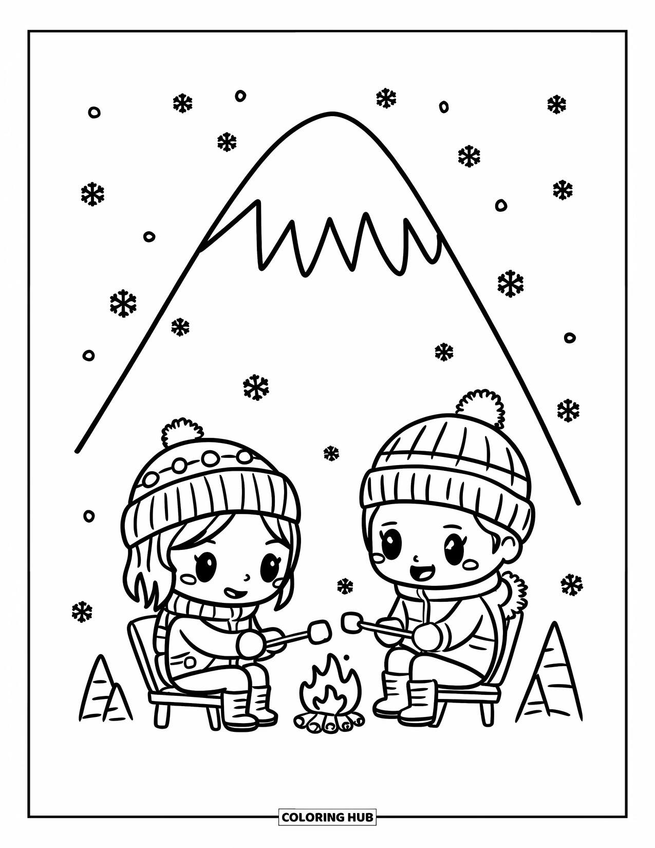 Nature Coloring Page for Adults: A soft, snowy Mount Everest scene with tiny climbers roasting marshmallows under a winter sky